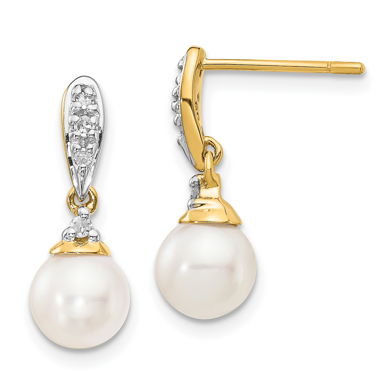 Mother's Day 14k Diamond and 6-7mm Round FW Cultured Pearl Post Dangle Earrings