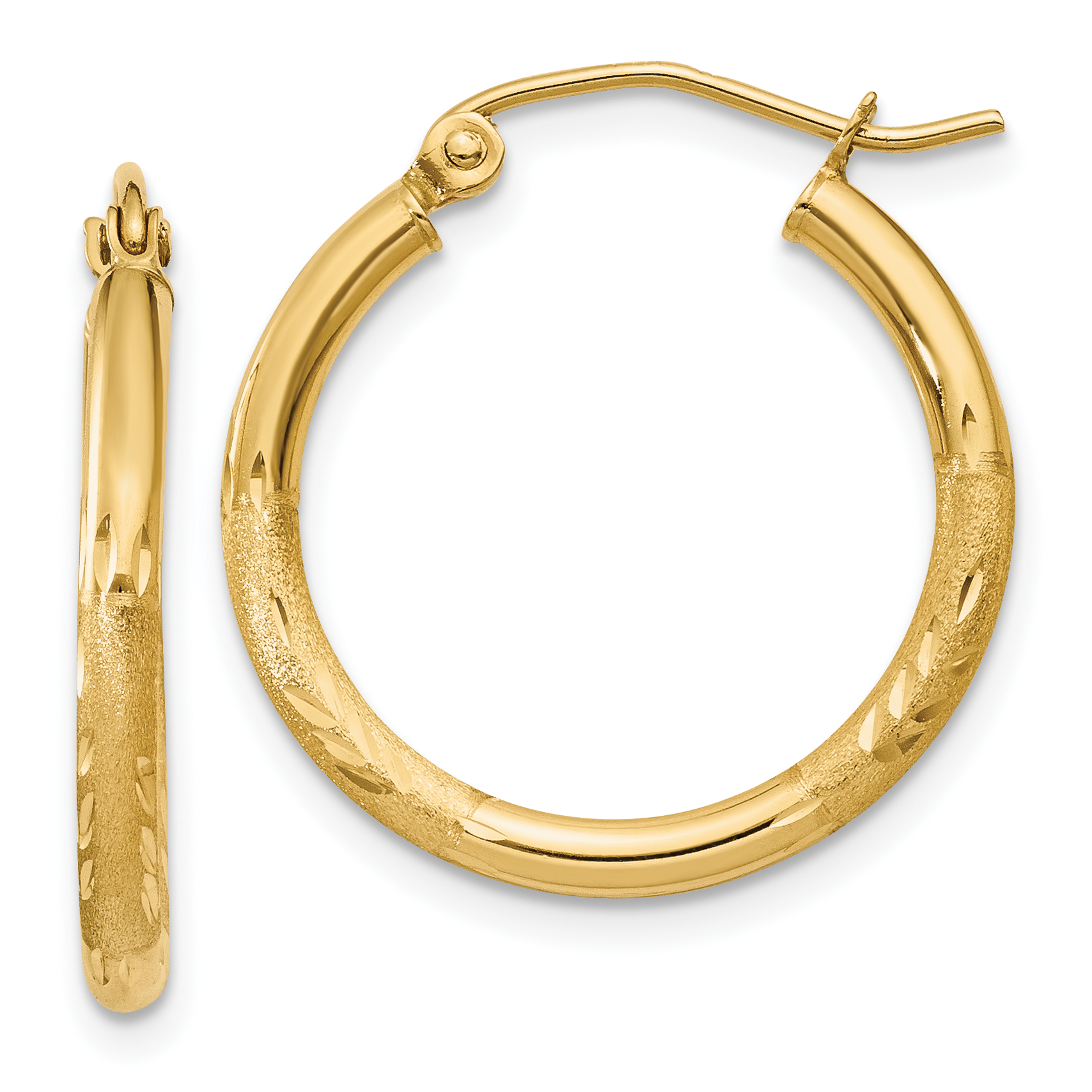 Core Gold 14k Satin & Diamond-cut 2mm Round Tube Hoop Earrings