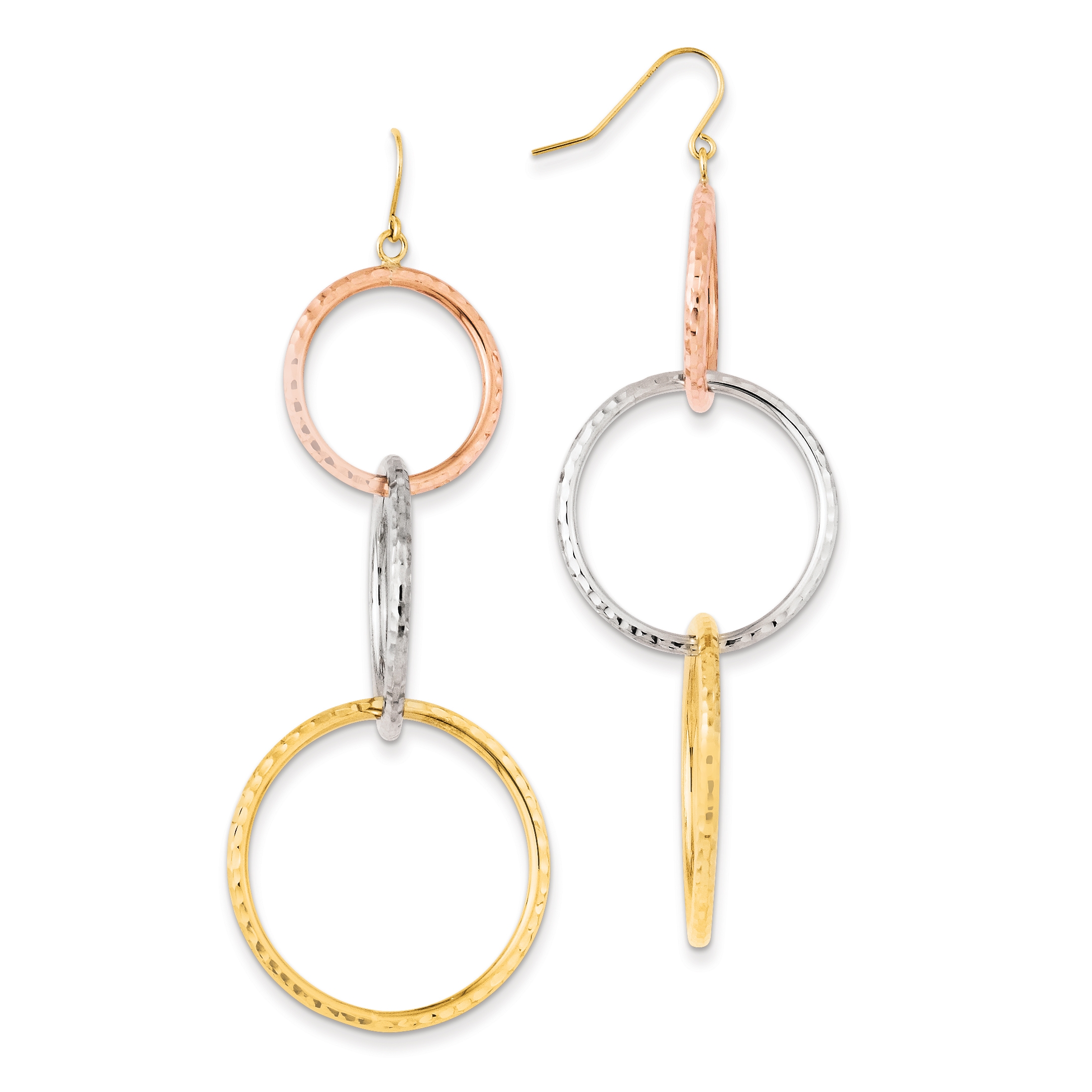 Core Gold 14k Tri-Color Diamond Cut Graduated Circle Dangle Earrings