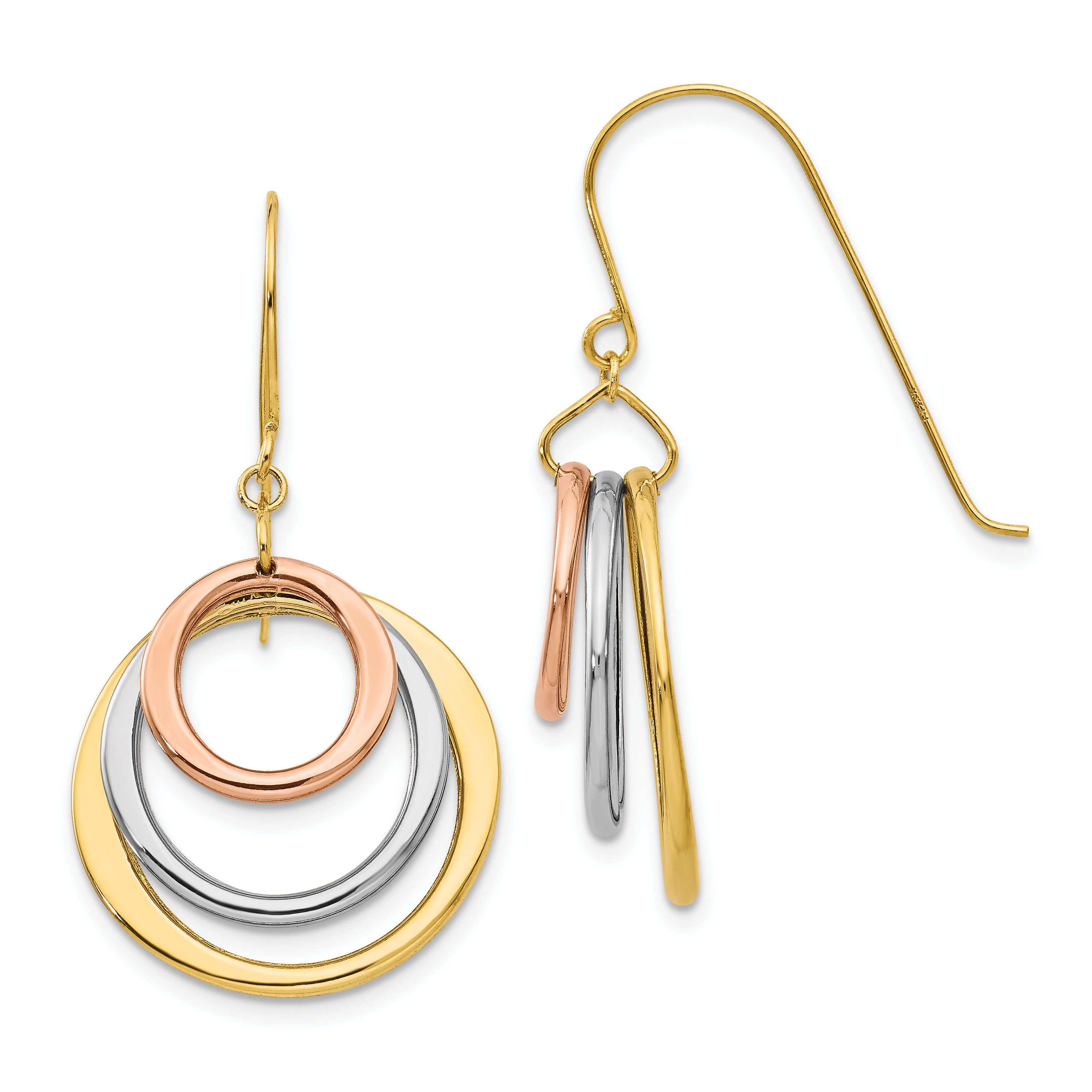 Core Gold 14K Tri-color Circle Dangle Shepherd Hook Earrings