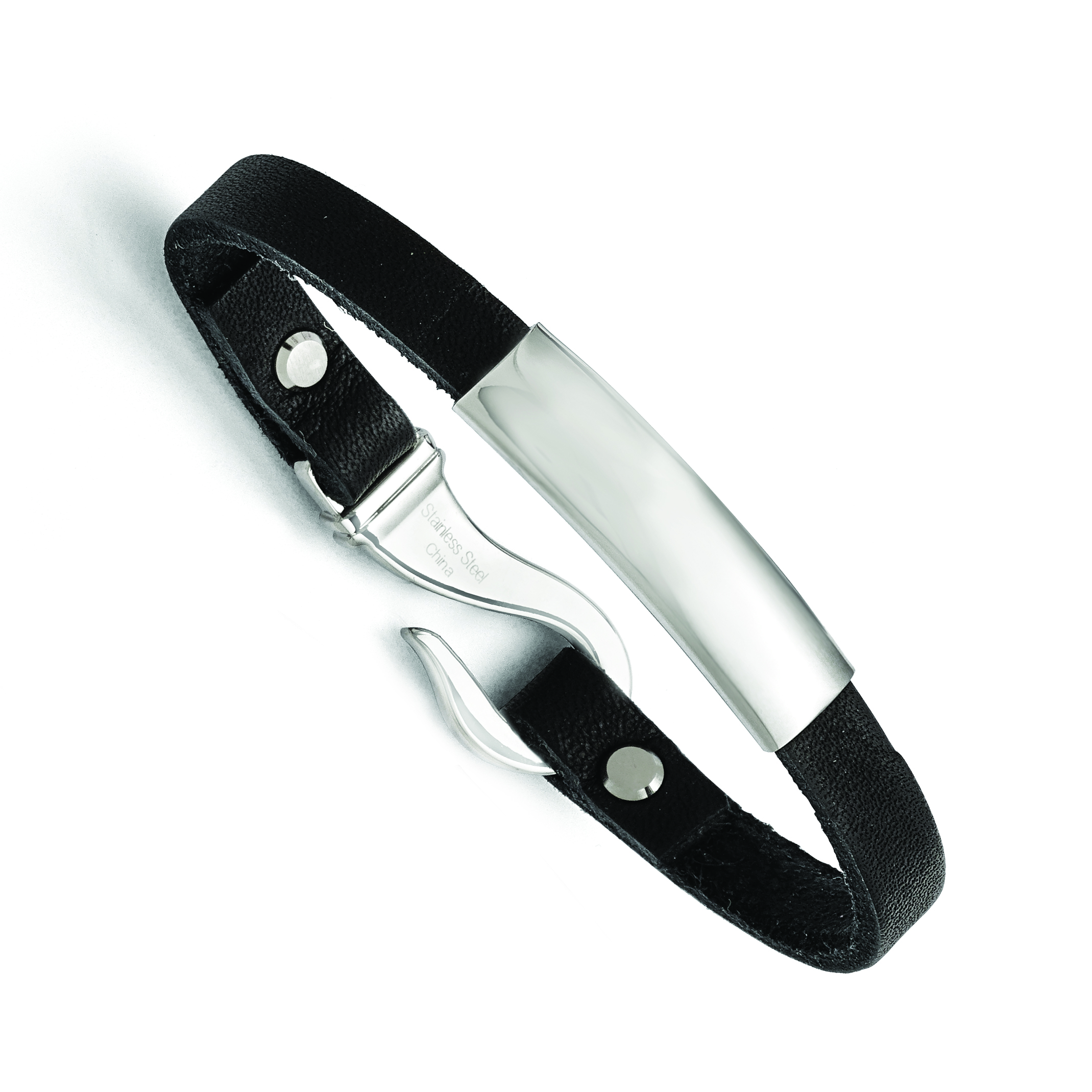 Chisel Stainless Steel Polished ID and Black Leather Bracelet