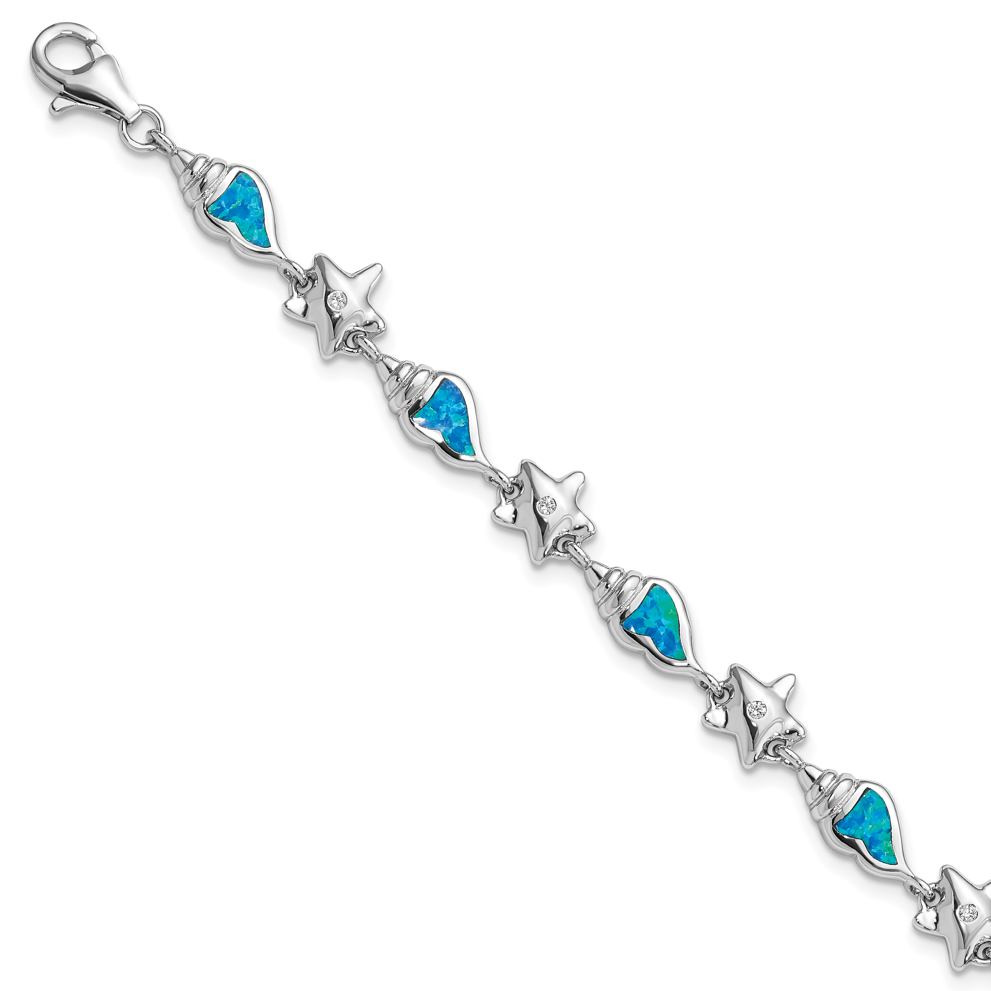 Core Silver Sterling Silver Starfish With CZ And Created Blue Opal Seashell 7.25 Bracel