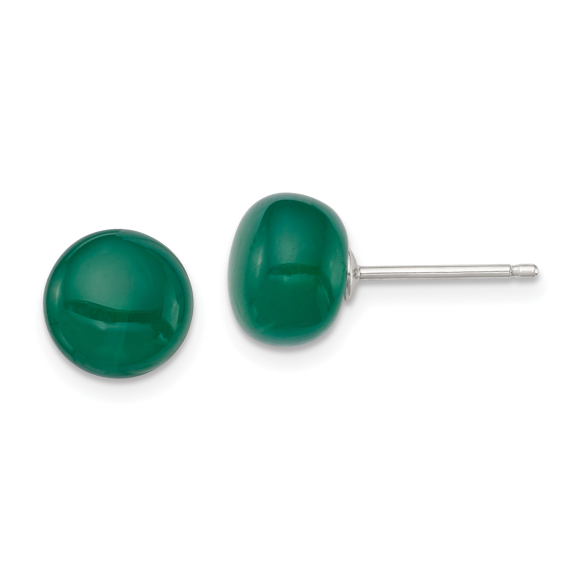 Core Silver Sterling Silver 8-8.5mm Button Emerald Green Agate Post Earrings