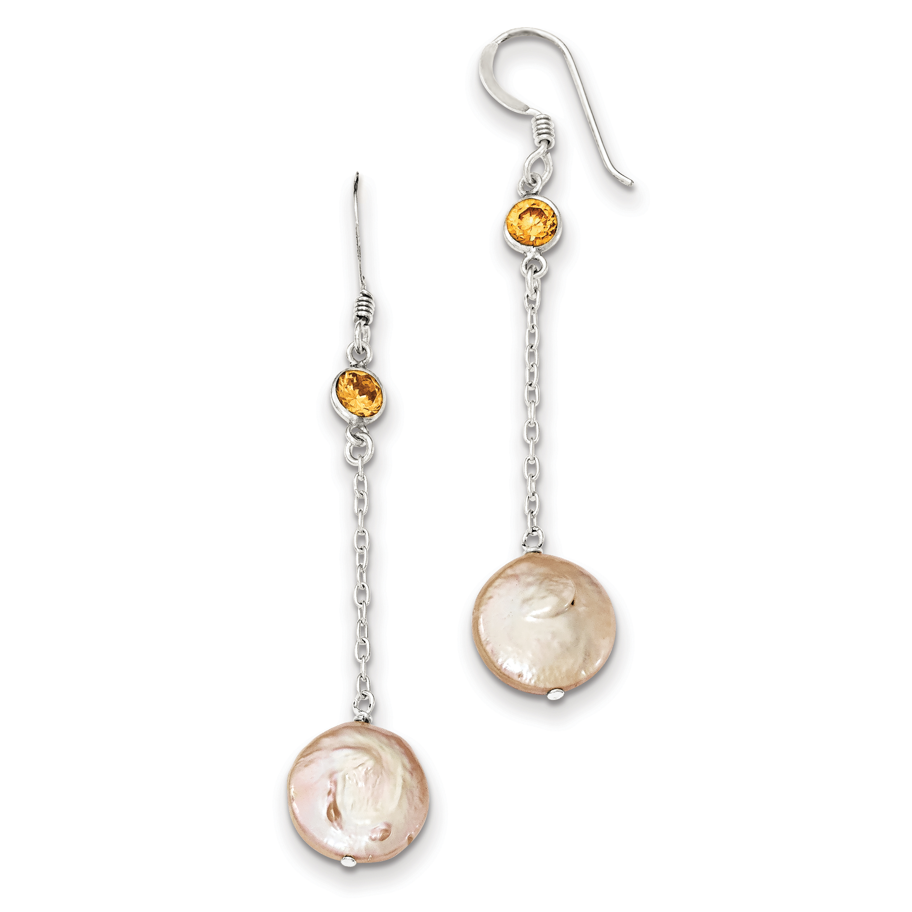 Core Silver Sterling Silver Champagne CZ/Peach FW Cultured Coin Pearl Earrings