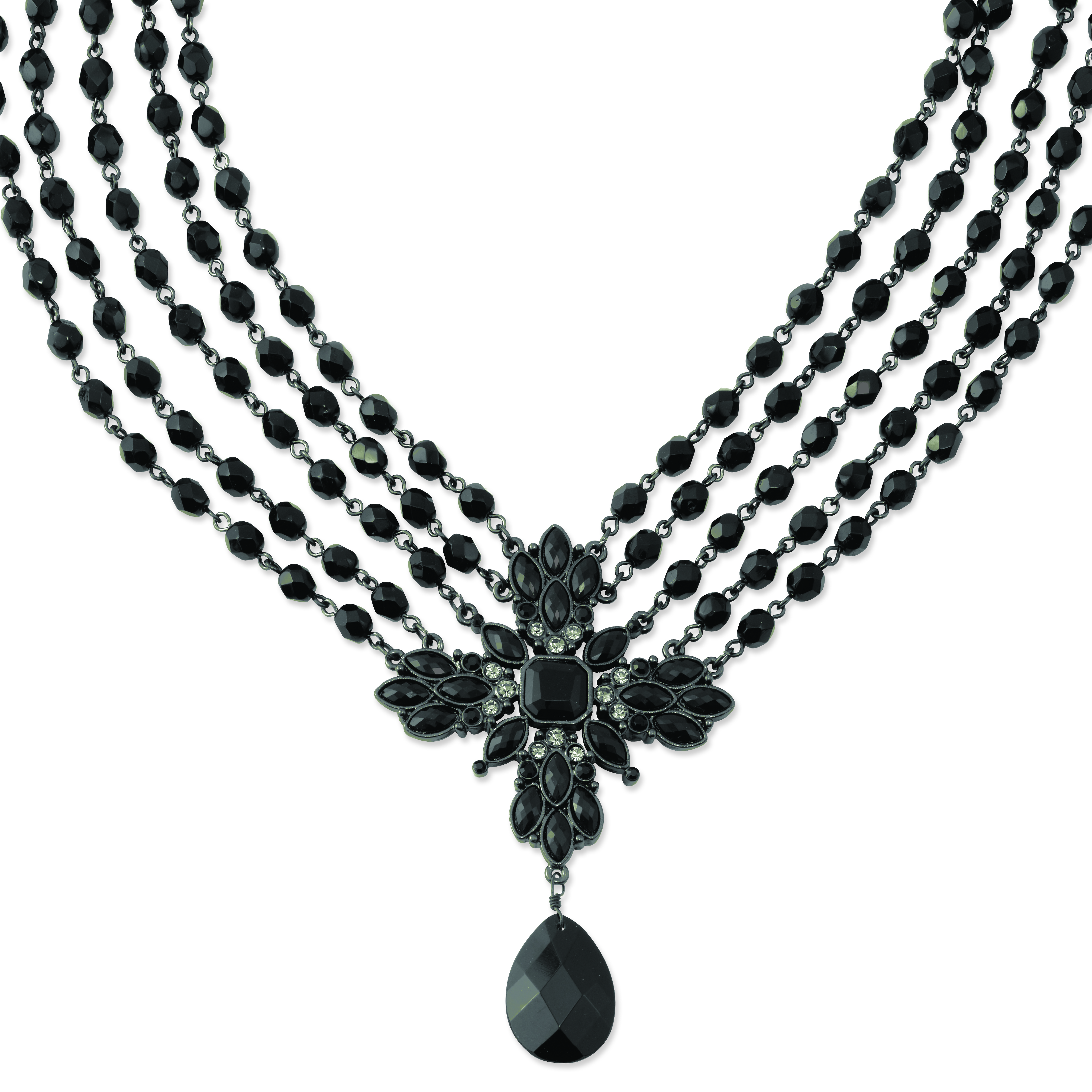 1928 Black-plated Smokey & Black Crystal & Beads 16in w/ext Necklace