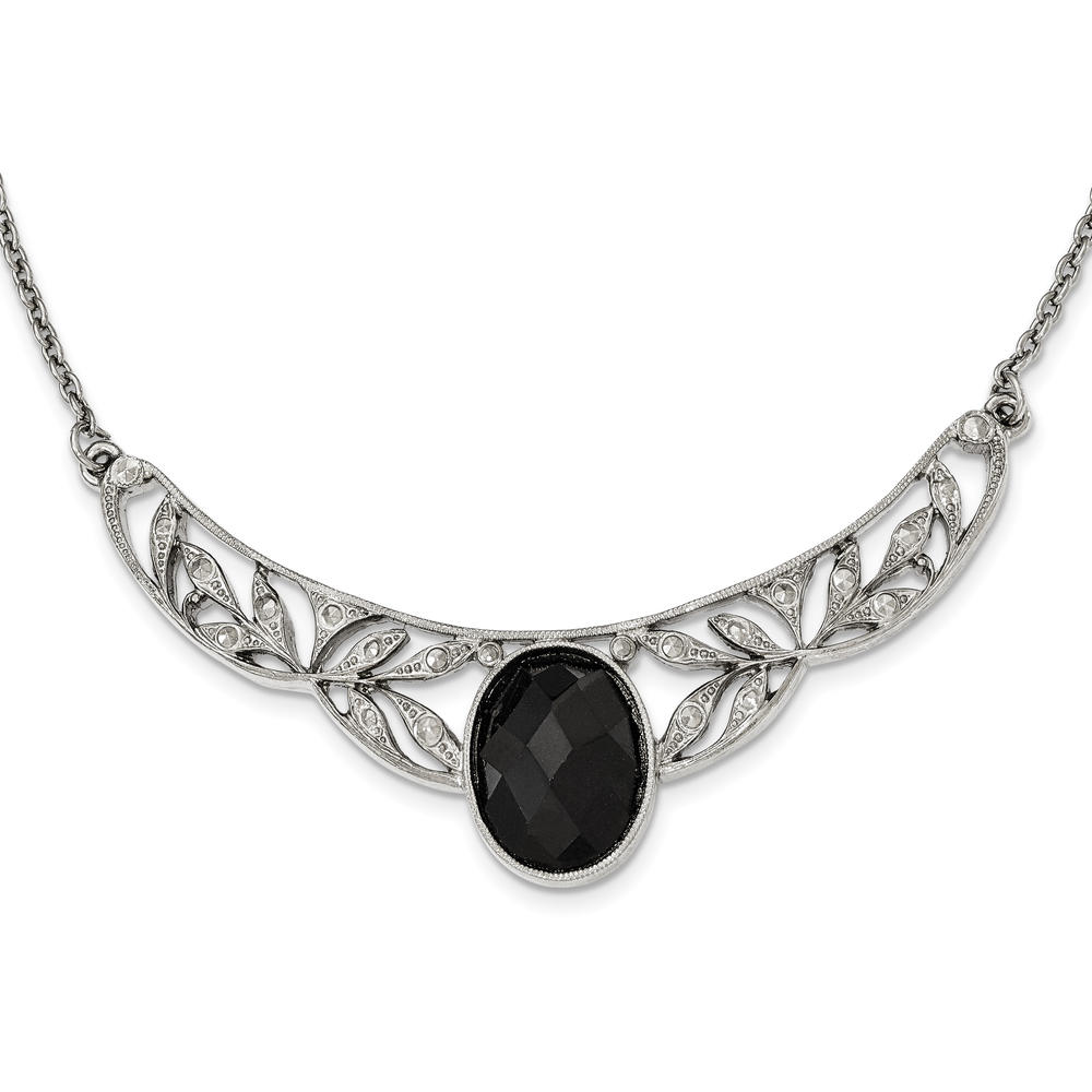 1928 Silver-tone Black Acrylic & Epoxy w/3in ext. Necklace