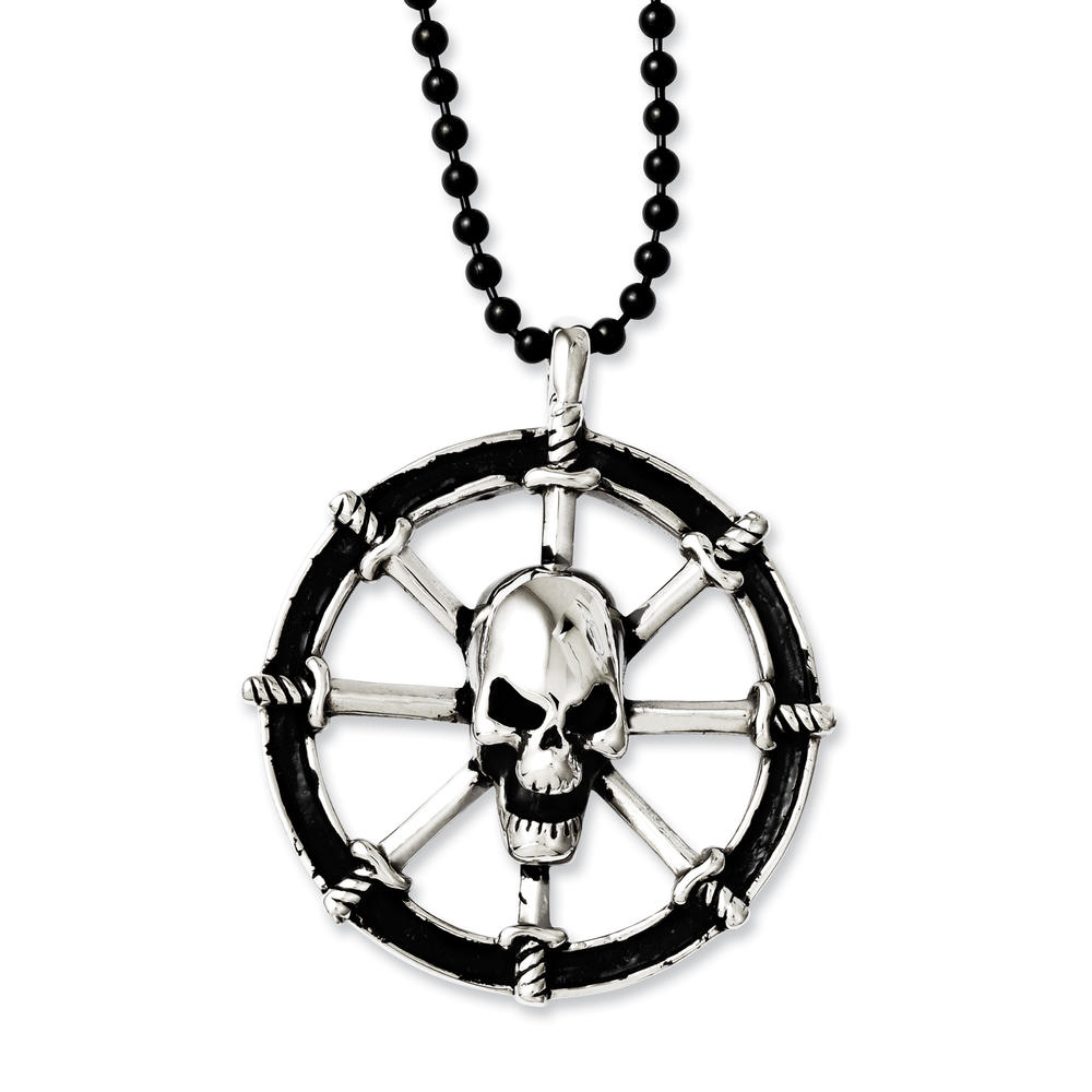Chisel Stainless Steel Antiqued Pirates Wheel w/Skull 30in Necklace
