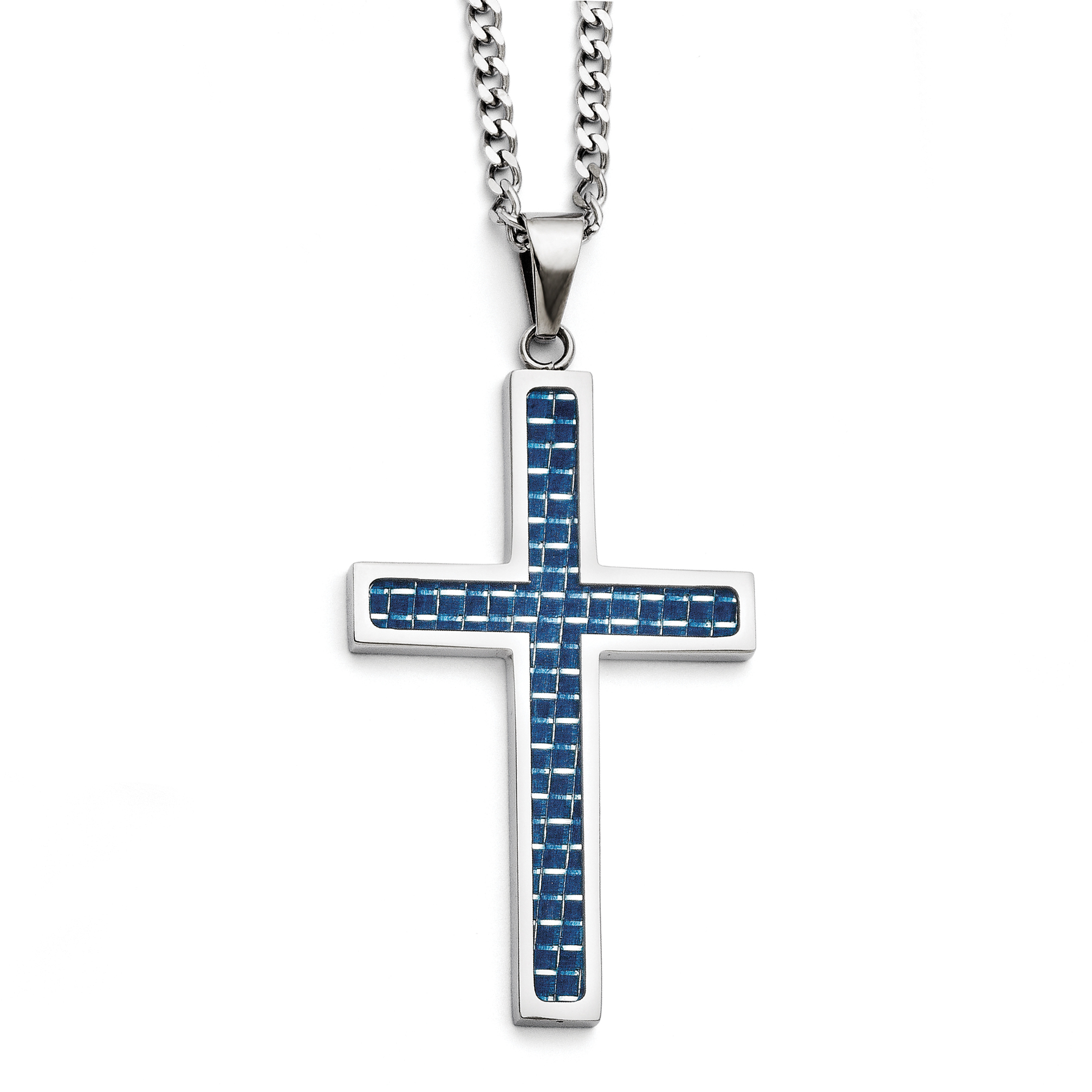 Chisel Stainless Steel Blue Carbon Fiber Inlay Polished Large Cross Necklace