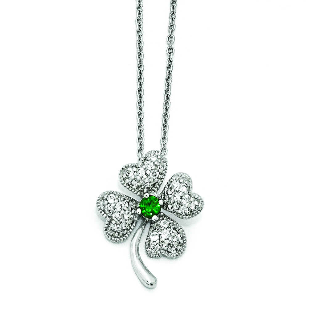 Cheryl M Sterling Silver Glass Sim. Emerald & CZ 4-leaf Clover Necklace