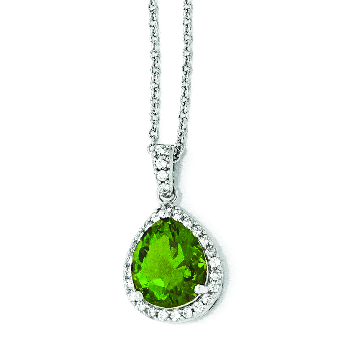 Cheryl M Sterling Silver Glass Simulated Emerald & CZ Pendant Necklace