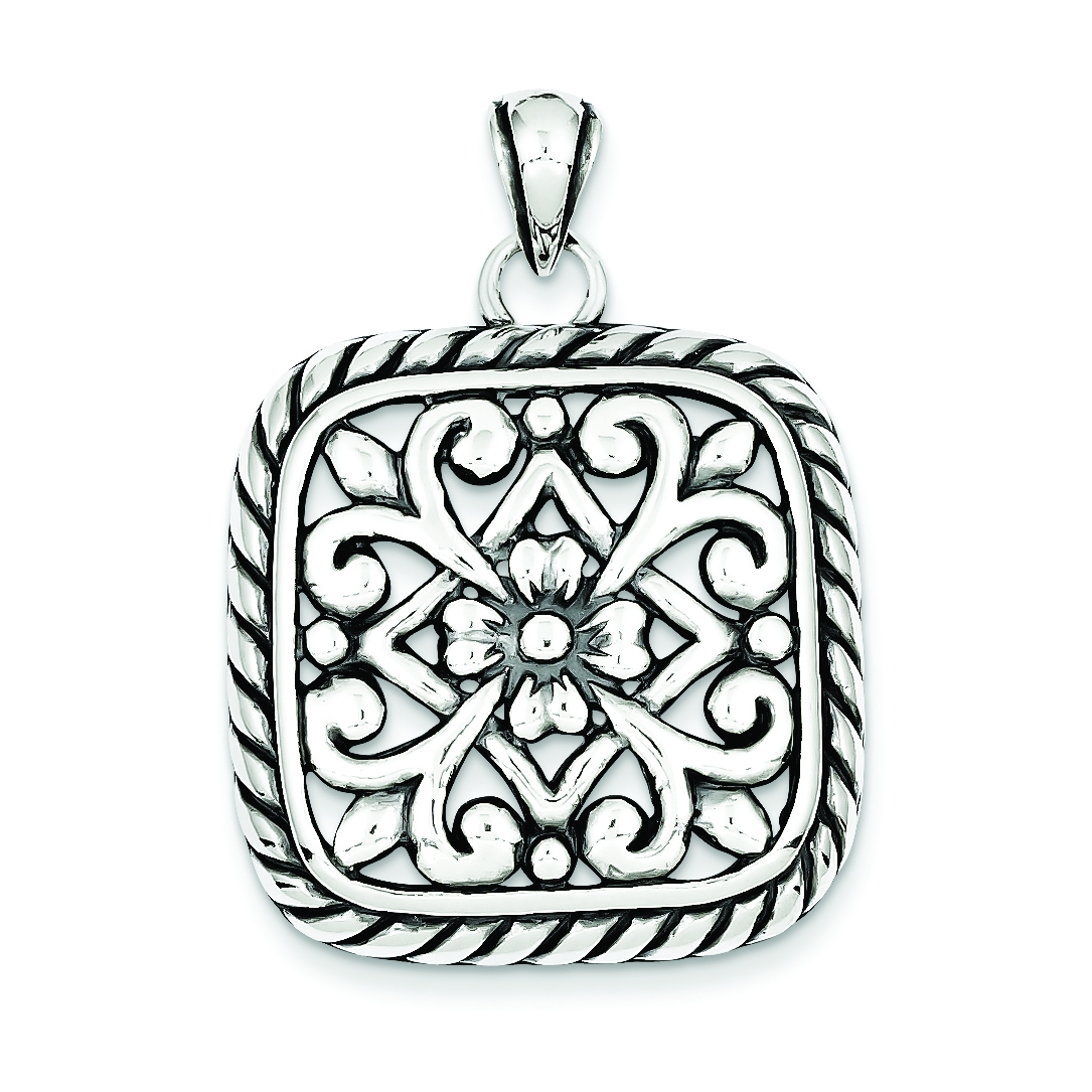Core Silver Sterling Silver Antiqued Square Floral Pendant