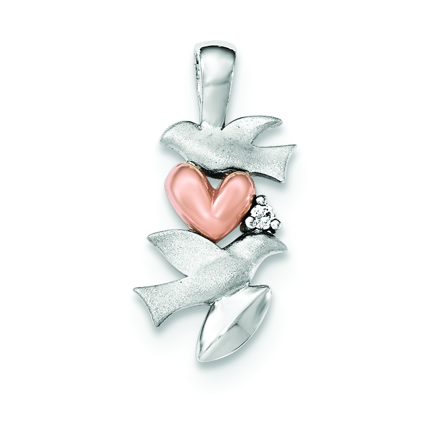Core Silver Sterling Silver CZ Rose Plated Heart Satin Dove Pendant