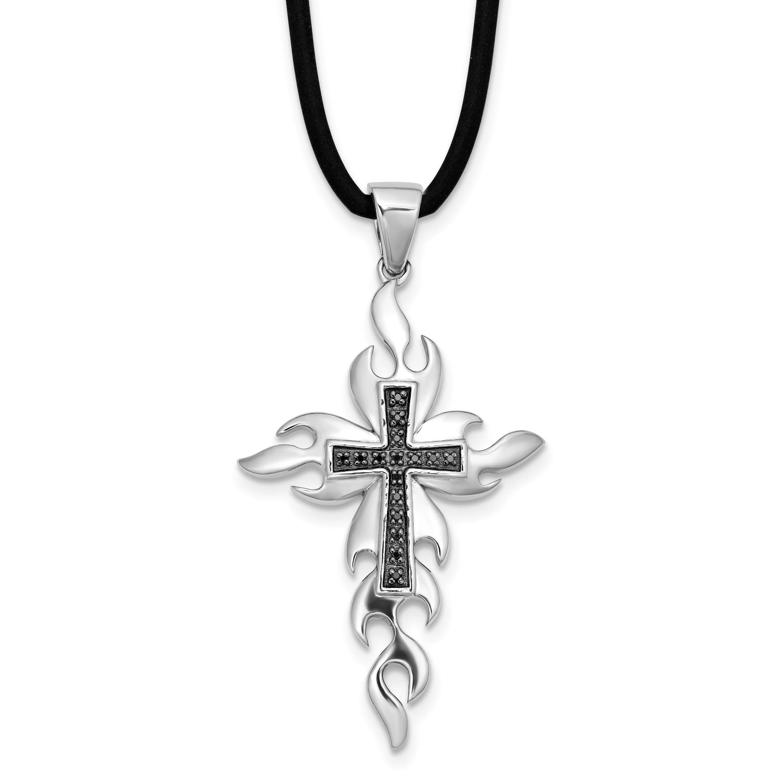 Valentine's Day Sterling Silver Diamond Flaming Black Rhodium-plated Cross Pendant