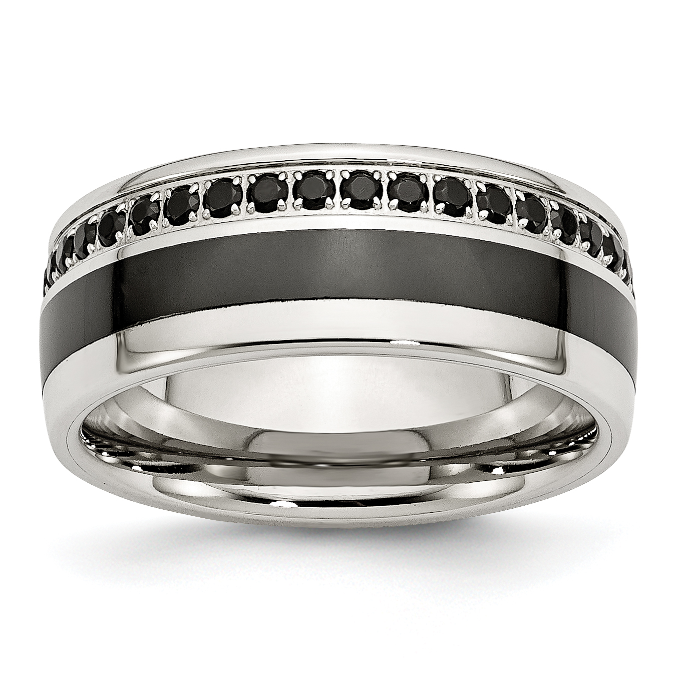 Chisel Stainless Steel Polished Black Ceramic Inlay CZ 9.00mm Band