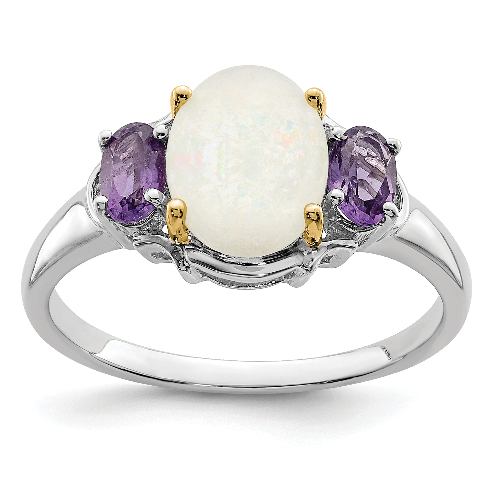 Colored Gemstones Sterling Silver & 14K Opal & Amethyst Ring
