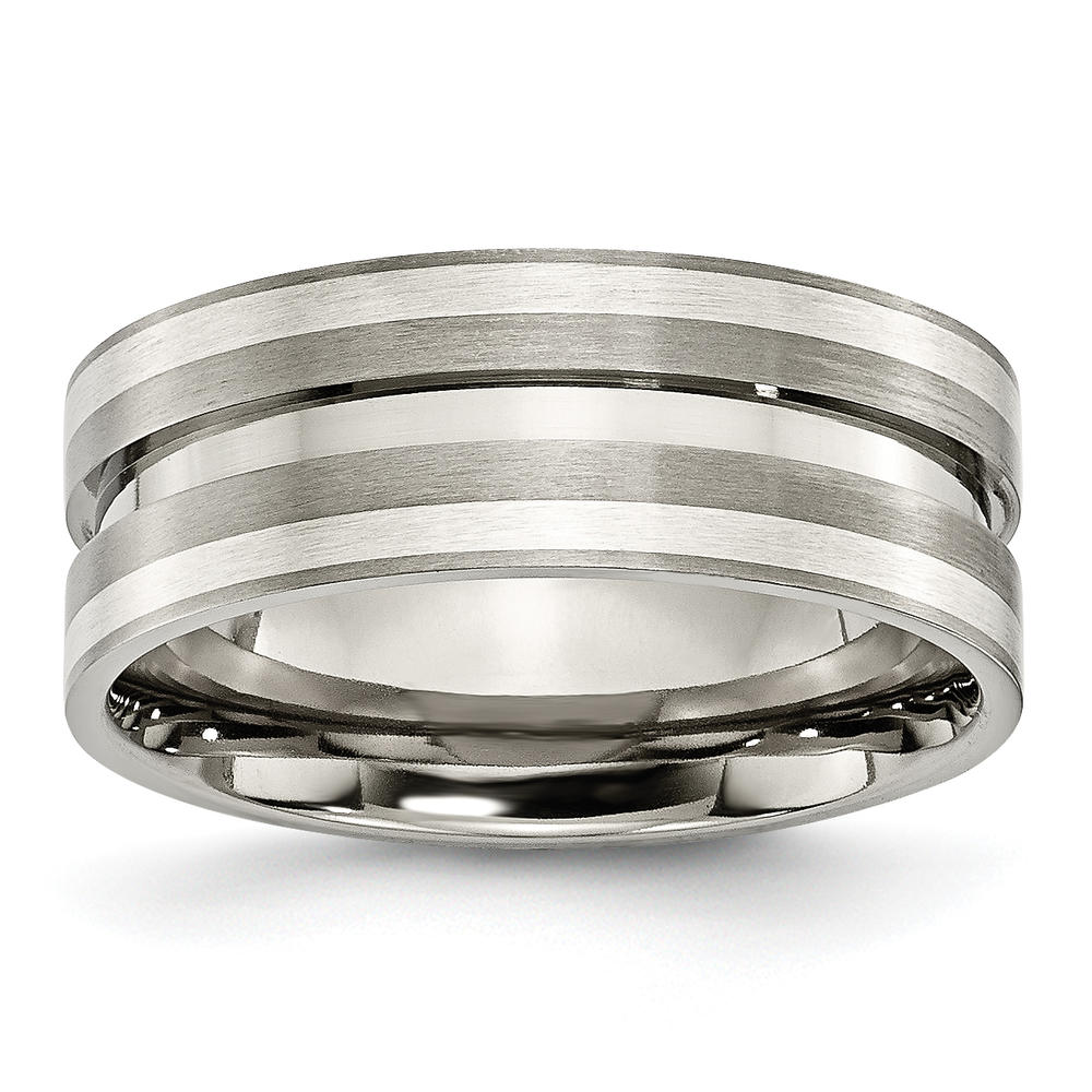 Chisel Titanium Grooved Sterling Silver Inlay 8mm Brushed Band