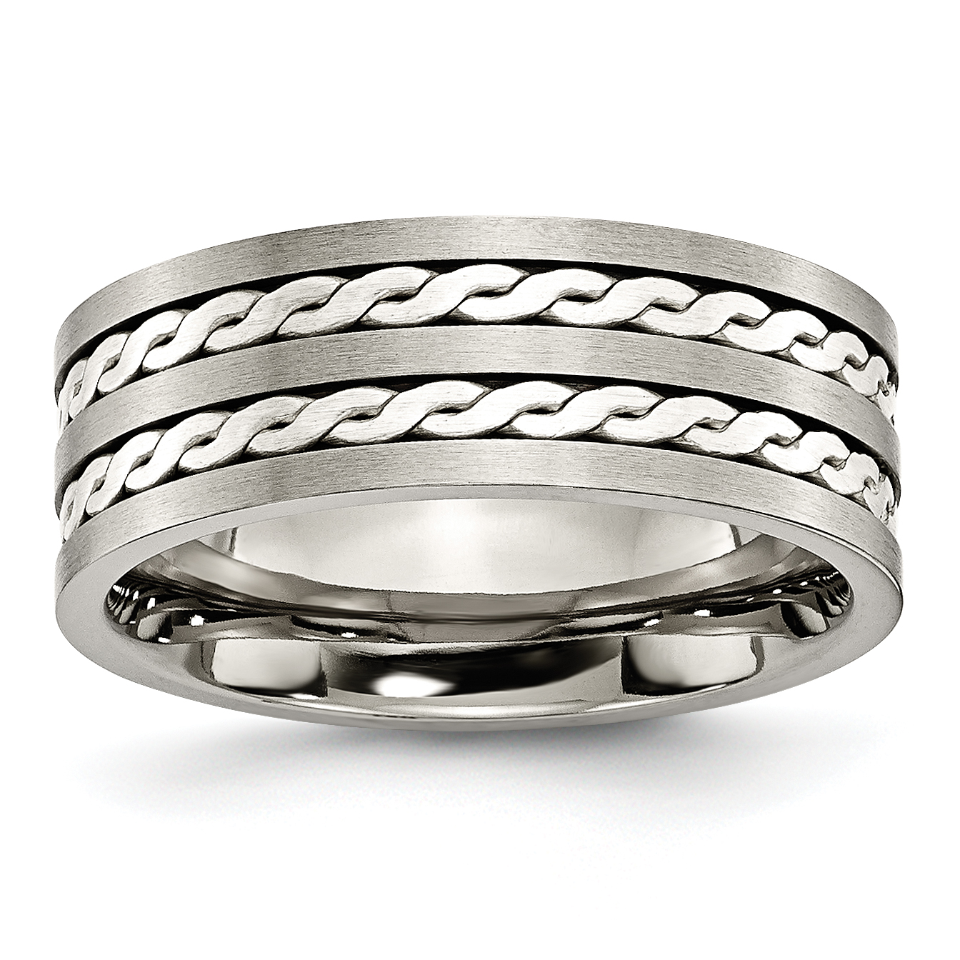 Bridal Titanium Sterling Silver Braided Inlay 8mm Brushed and Antiqued Band