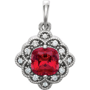 Stu 14kt White ChathamÂ® Created Ruby & .03 CTW Diamond Pendant