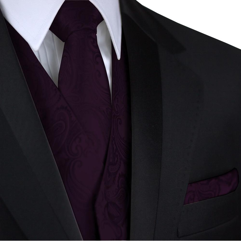 Brand Q Italian Design, Men's Formal Tuxedo Vest, Tie & Hankie Set in Sangria Paisley