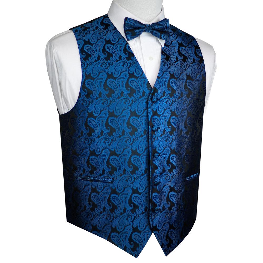 Brand Q Italian Design, Men's Formal Tuxedo Vest, Bow-tie - Royal Blue Paisley