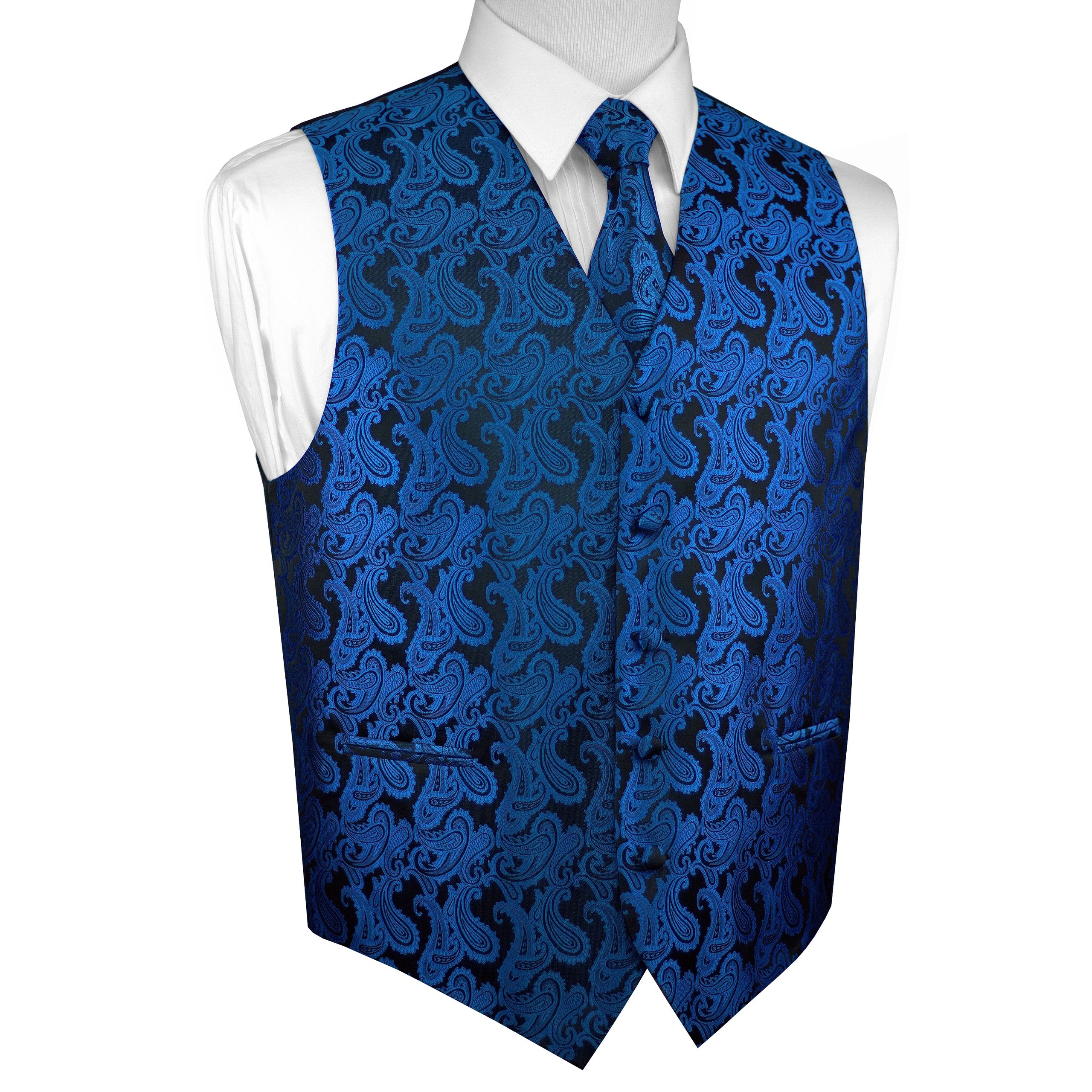 Brand Q Italian Design, Men's Formal Tuxedo Vest, Tie & Hankie Set - Royal Blue Paisley