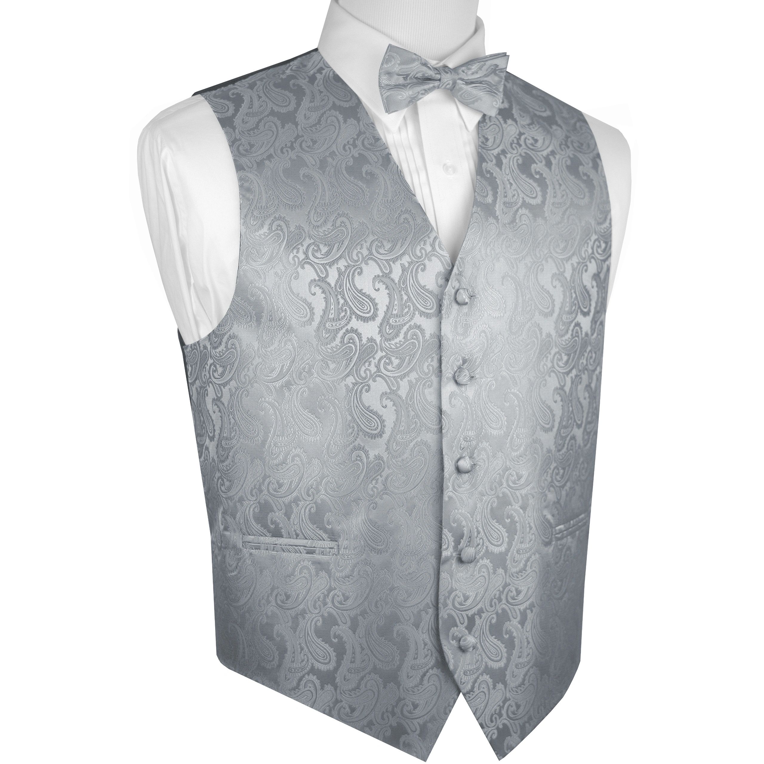 Brand Q Italian Design, Men's Formal Tuxedo Vest, Bow-tie - Silver Paisley
