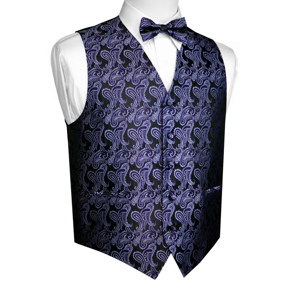 Brand Q Italian Design, Men's Formal Tuxedo Vest, Bow-tie - Purple Paisley