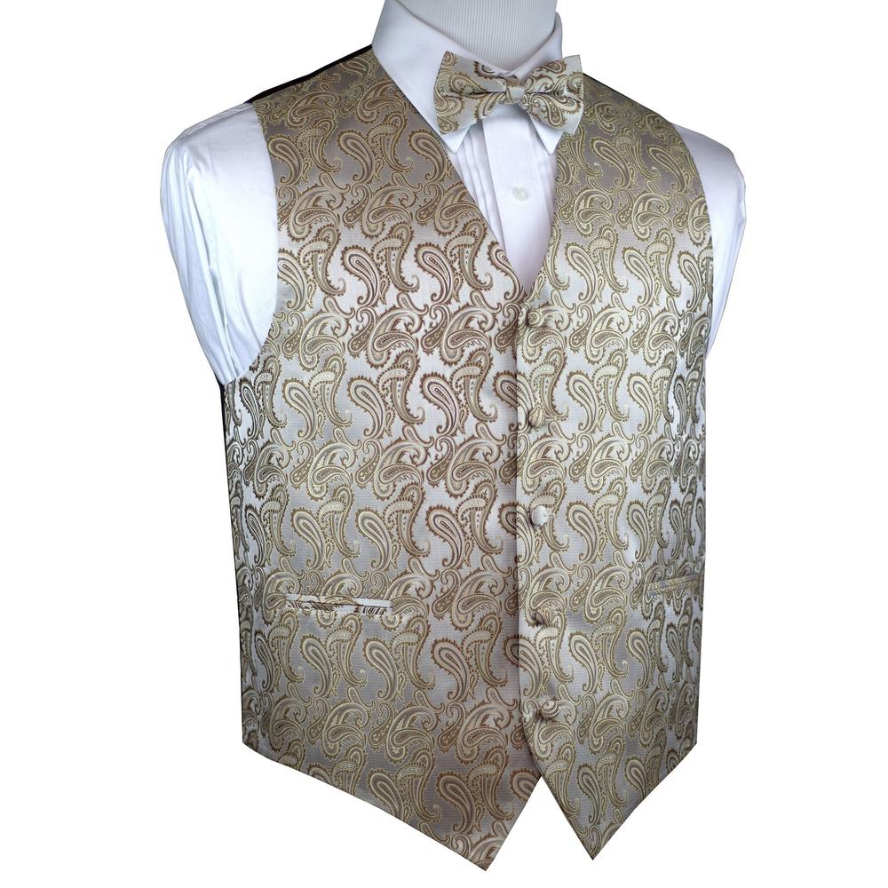 Brand Q Italian Design, Men's Formal Tuxedo Vest, Bow-tie - Dark Champagne Paisley