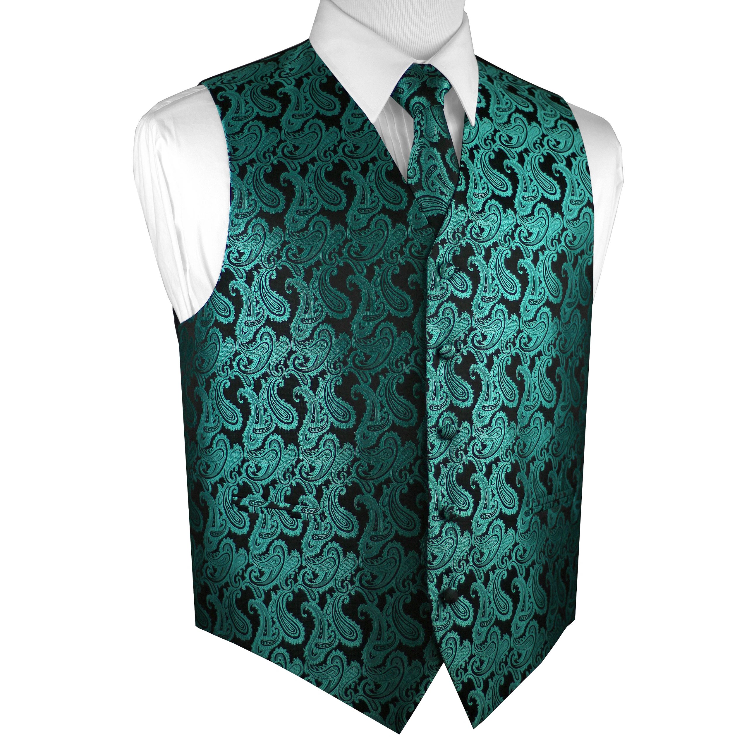 Brand Q Italian Design, Men's Formal Tuxedo Vest, Tie & Hankie Set in Jade Paisley