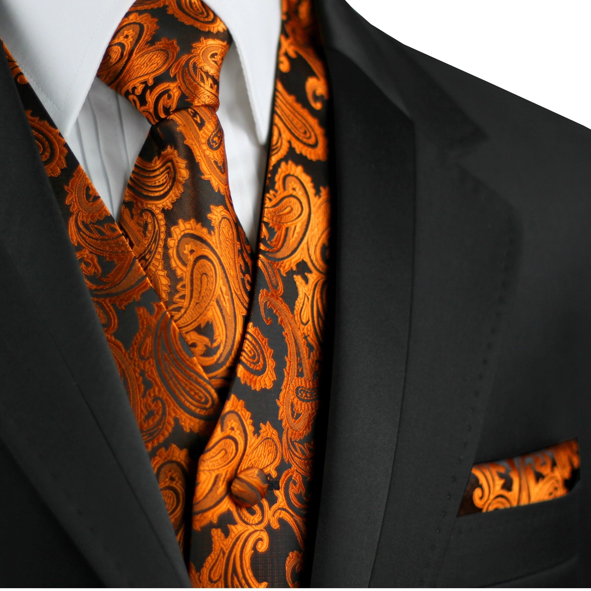 Brand Q Italian Design, Men's Formal Tuxedo Vest, Tie & Hankie Set in Burnt Orange Paisley