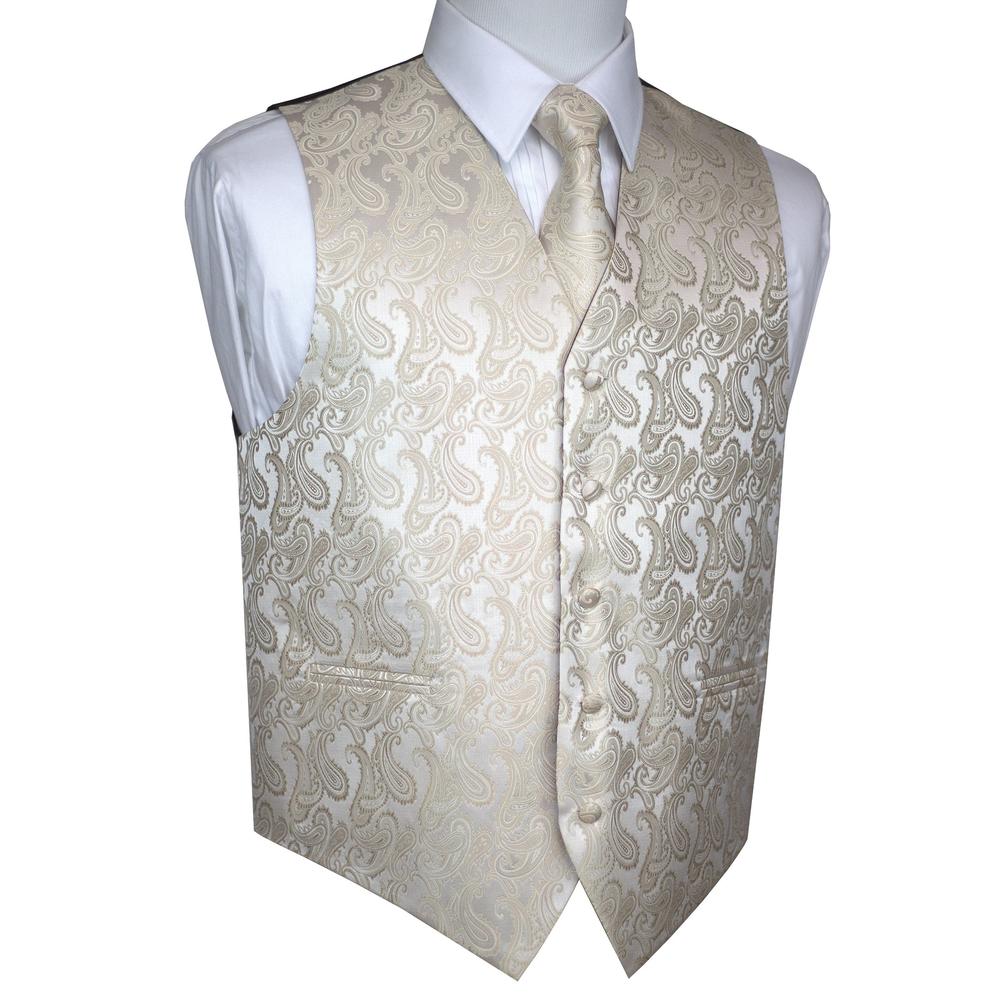 Brand Q Italian Design, Men's Formal Tuxedo Vest, Tie & Hankie Set - Champagne Paisley