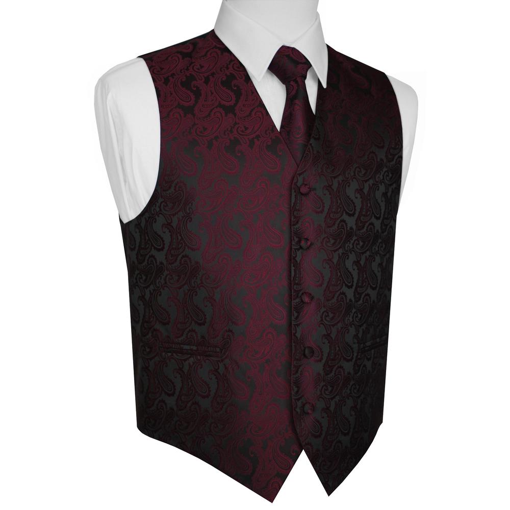 Brand Q Italian Design, Men's Formal Tuxedo Vest, Tie & Hankie Set in Berry Paisley