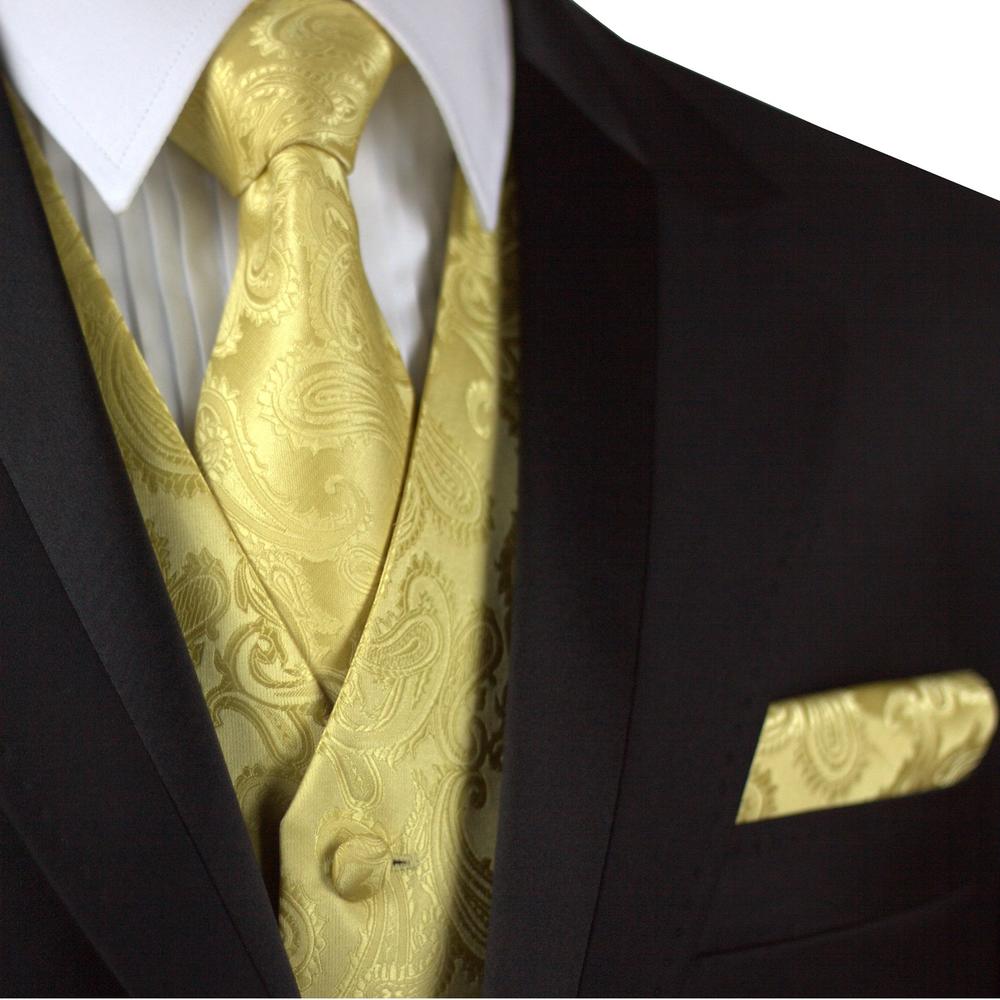 Brand Q Italian Design, Men's Formal Tuxedo Vest, Tie & Hankie Set in Gold Paisley