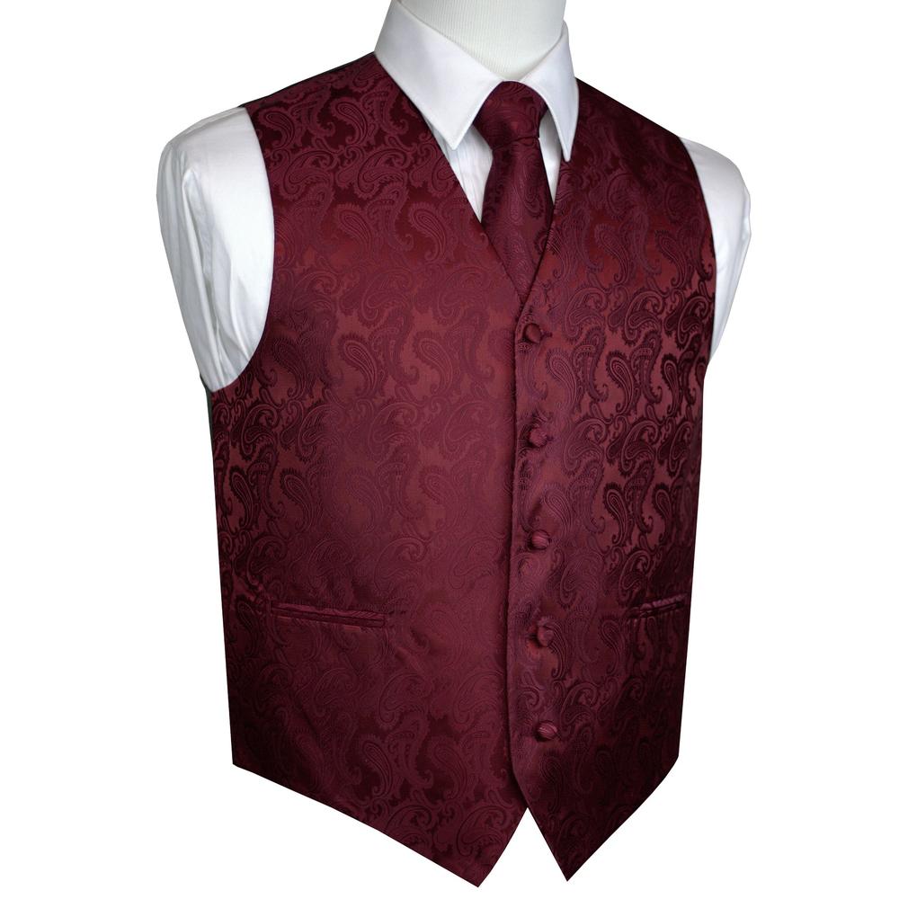 Brand Q Italian Design, Men's Formal Tuxedo Vest, Tie & Hankie Set in Burgundy Paisley