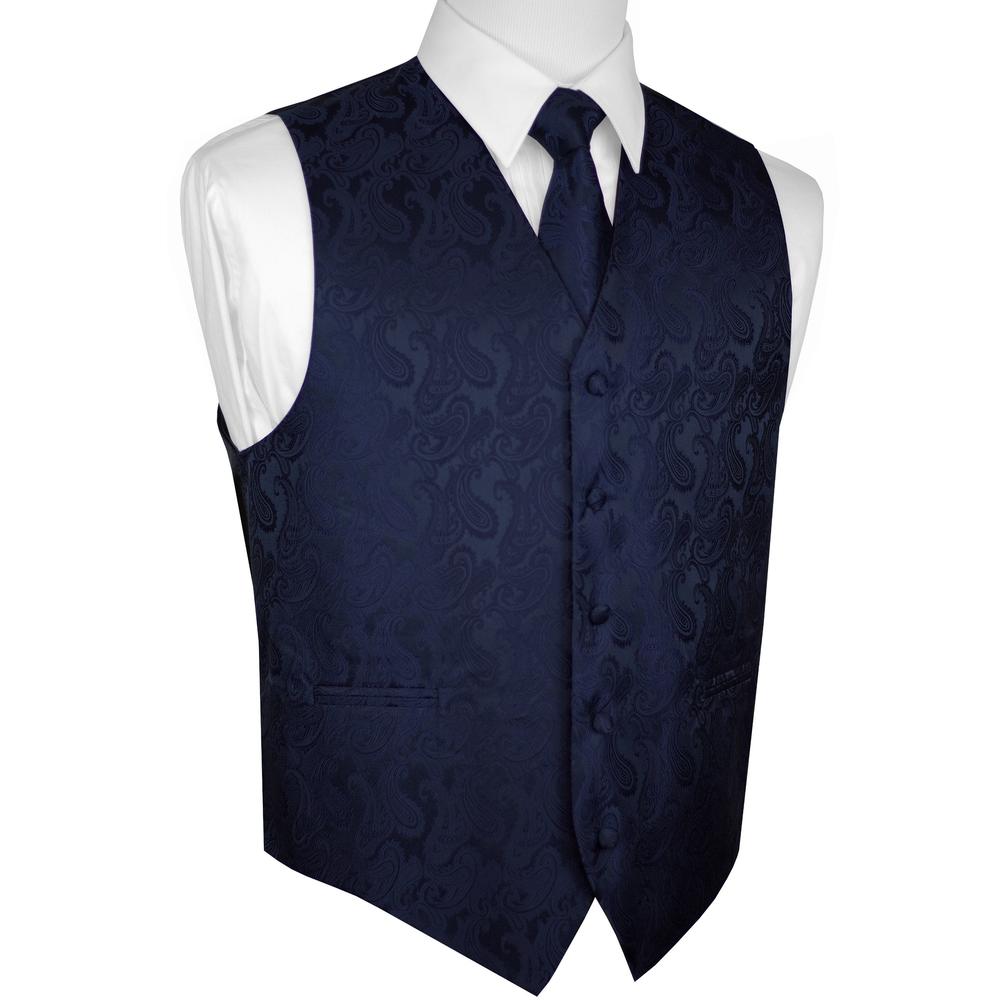 Brand Q Italian Design, Men's Formal Tuxedo Vest, Tie & Hankie Set in Navy Paisley