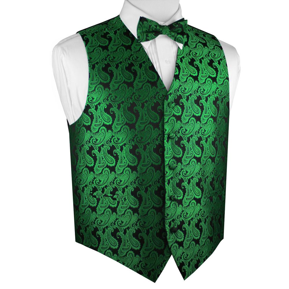 Brand Q Italian Design, Men's Formal Tuxedo Vest, Bow-tie - Green Paisley