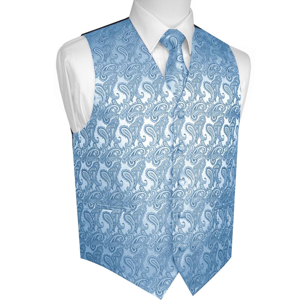 Brand Q Italian Design, Men's Formal Tuxedo Vest, Tie & Hankie Set in Cornflower Paisley