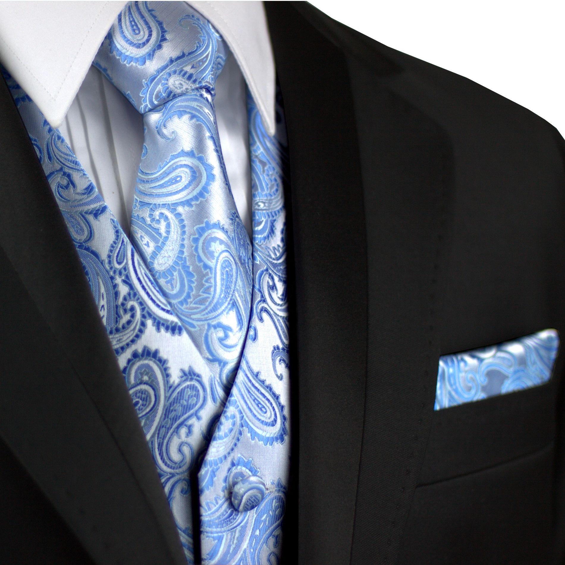 Brand Q Italian Design, Men's Formal Tuxedo Vest, Tie & Hankie Set in Cornflower Paisley