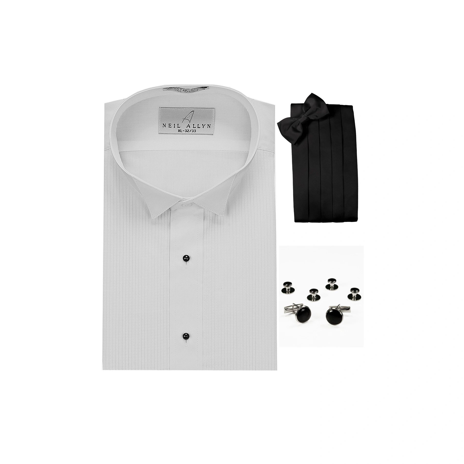 Neil Allyn Wing Collar 1/8" Pleats Formal Tuxedo Shirt, Cummerbund, Bow-Tie, Cuff Links & Studs Set