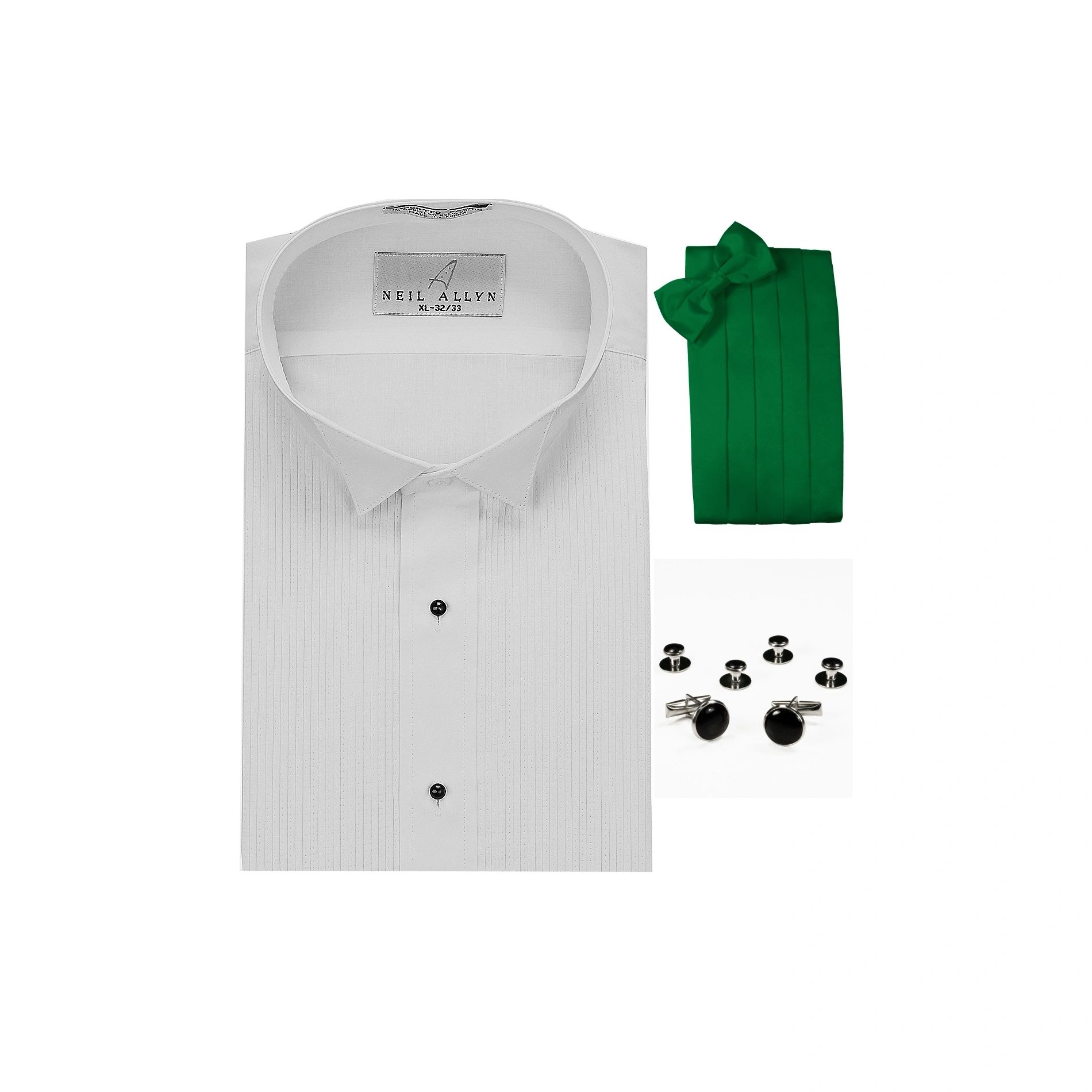 Neil Allyn Wing Collar 1/8" Pleats Formal Tuxedo Shirt, Kelly Green Cummerbund, Bow-Tie, Cuff Links & Studs Set