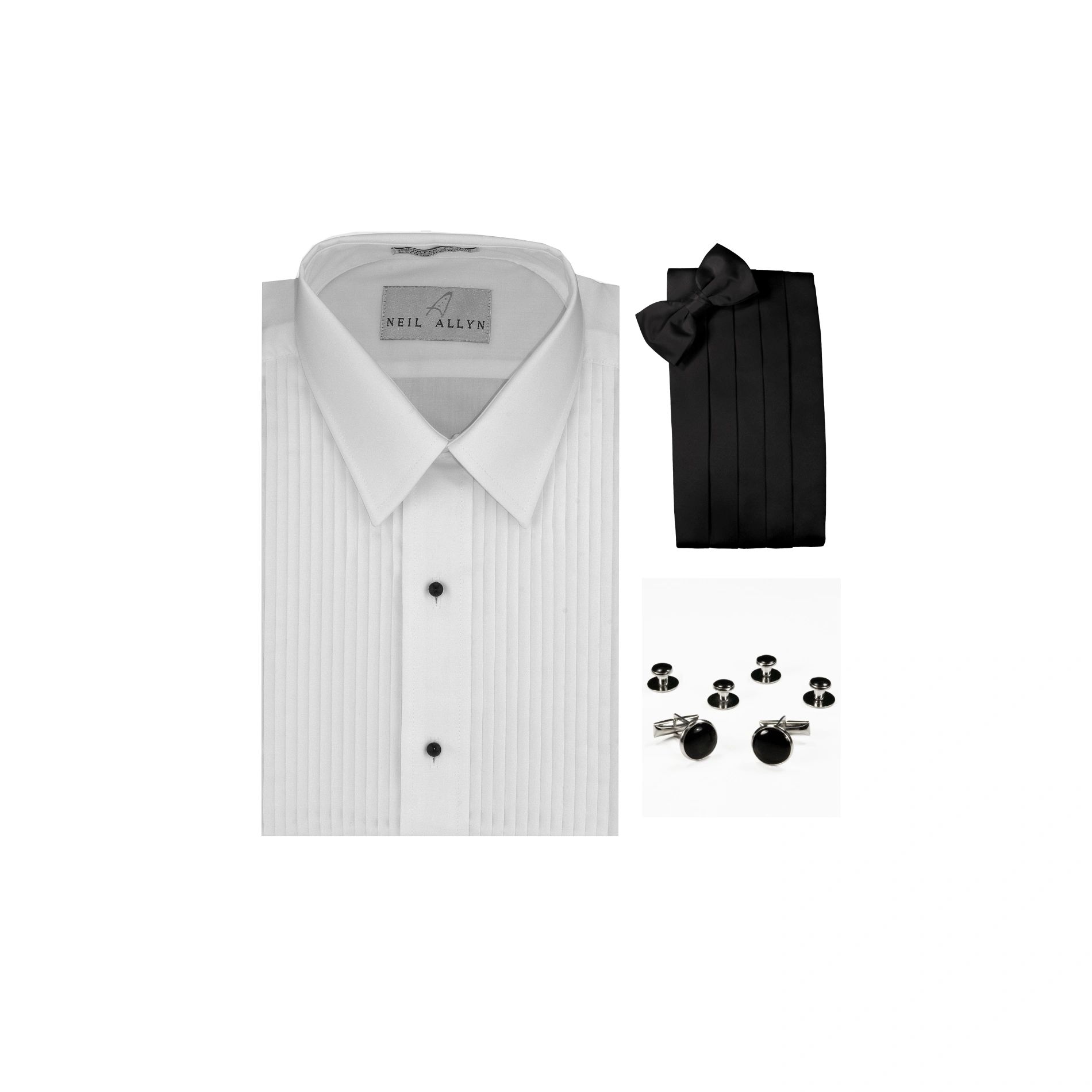Neil Allyn FITTED Lay-Down Collar 1/4" Pleats Formal Tuxedo Shirt, Cummerbund, Bow-Tie, Cuff Links & Studs Set