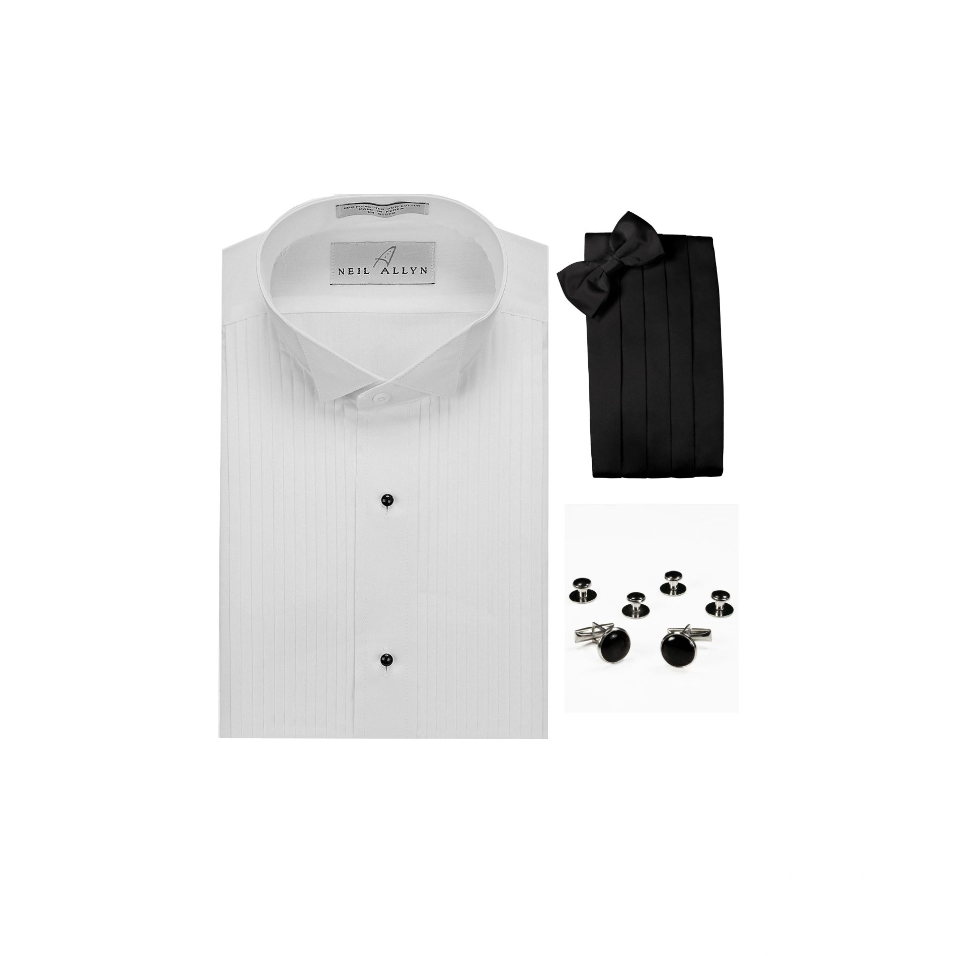 Neil Allyn Wing Collar 1/4" Pleats Formal Tuxedo Shirt, Cummerbund, Bow-Tie, Cuff Links & Studs Set