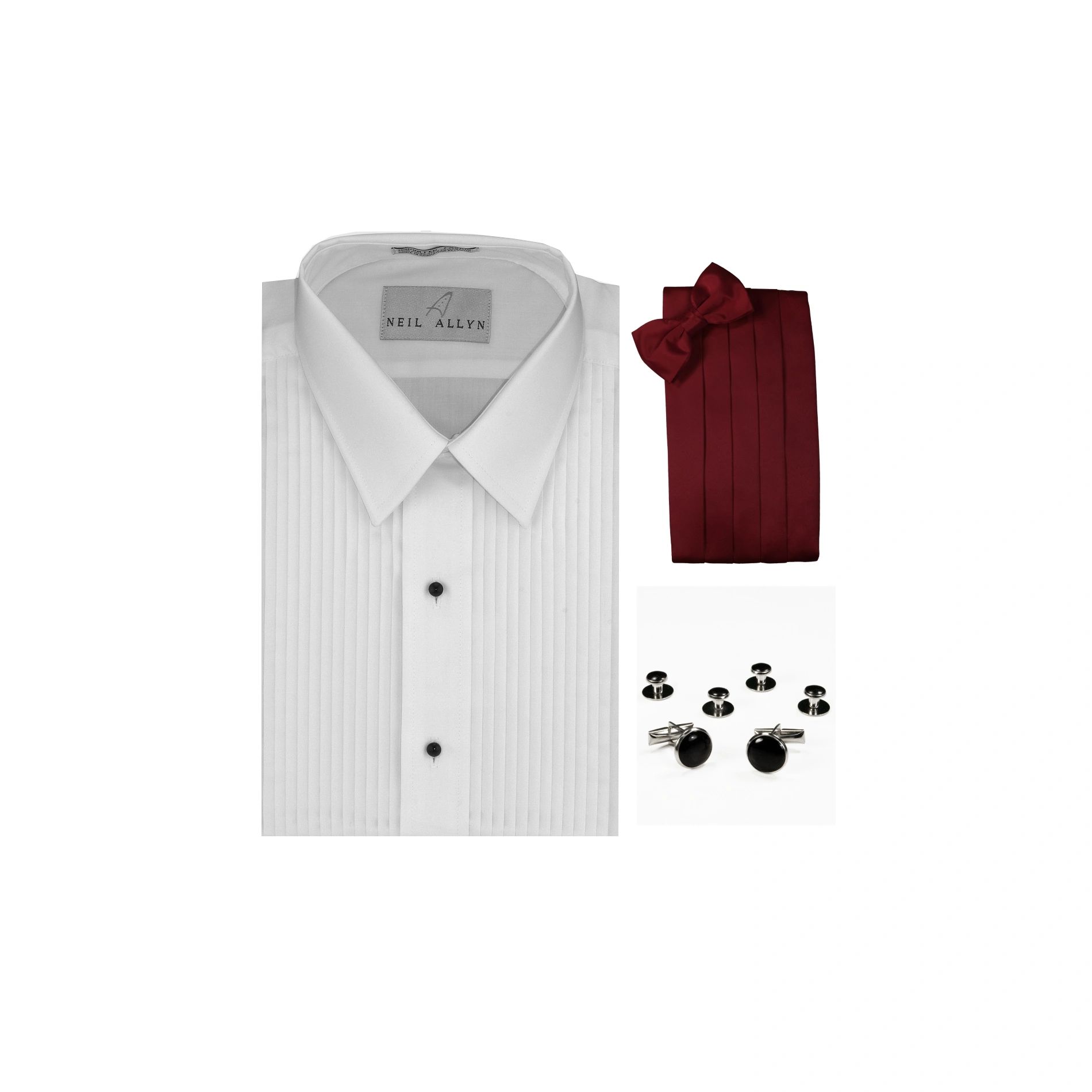 Neil Allyn Lay-Down Collar 1/4" Pleats Formal Tuxedo Shirt, Burgundy Cummerbund, Bow-Tie, Cuff Links & Studs Set