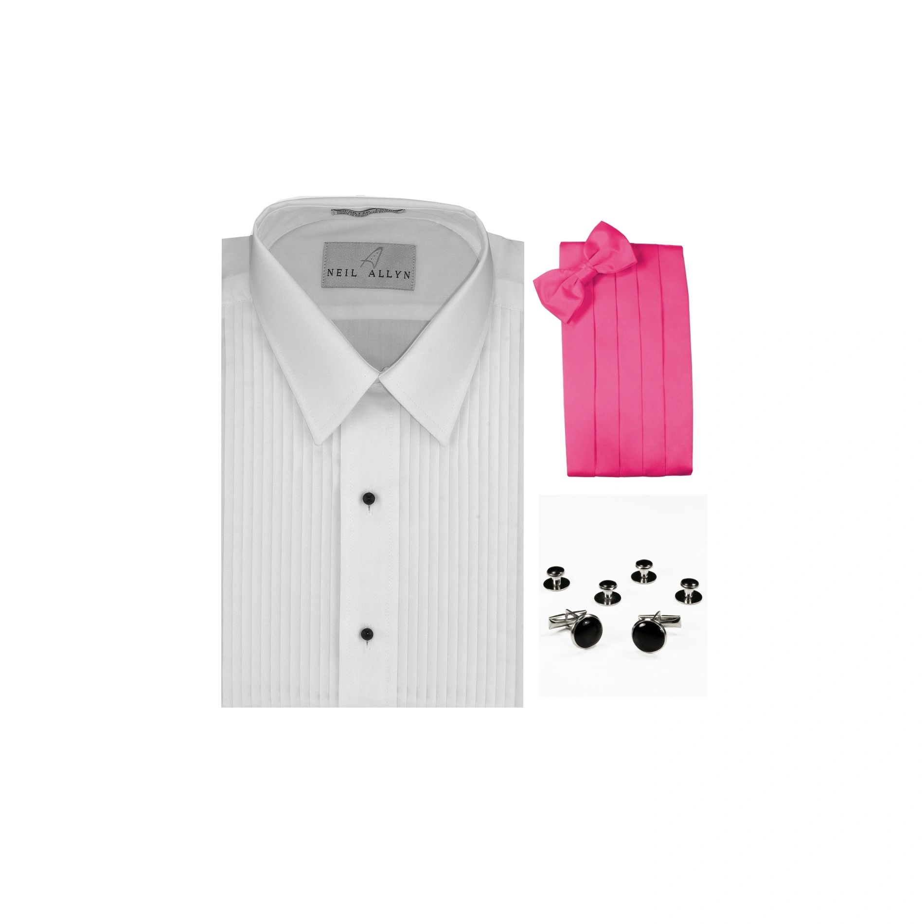 Neil Allyn Lay-Down Collar 1/4" Pleats Formal Tuxedo Shirt, Hot Pink Cummerbund, Bow-Tie, Cuff Links & Studs Set
