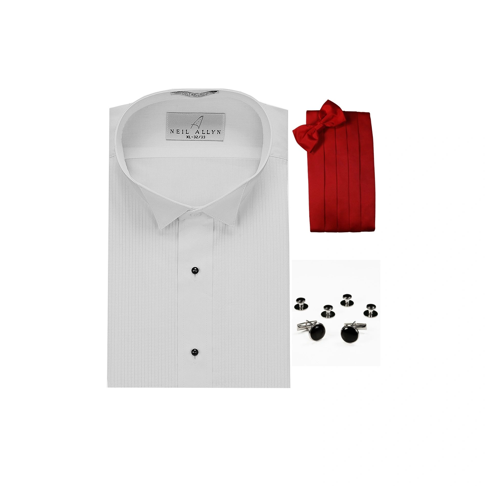 Neil Allyn Wing Collar 1/8" Pleats Formal Tuxedo Shirt, Red Cummerbund, Bow-Tie, Cuff Links & Studs Set