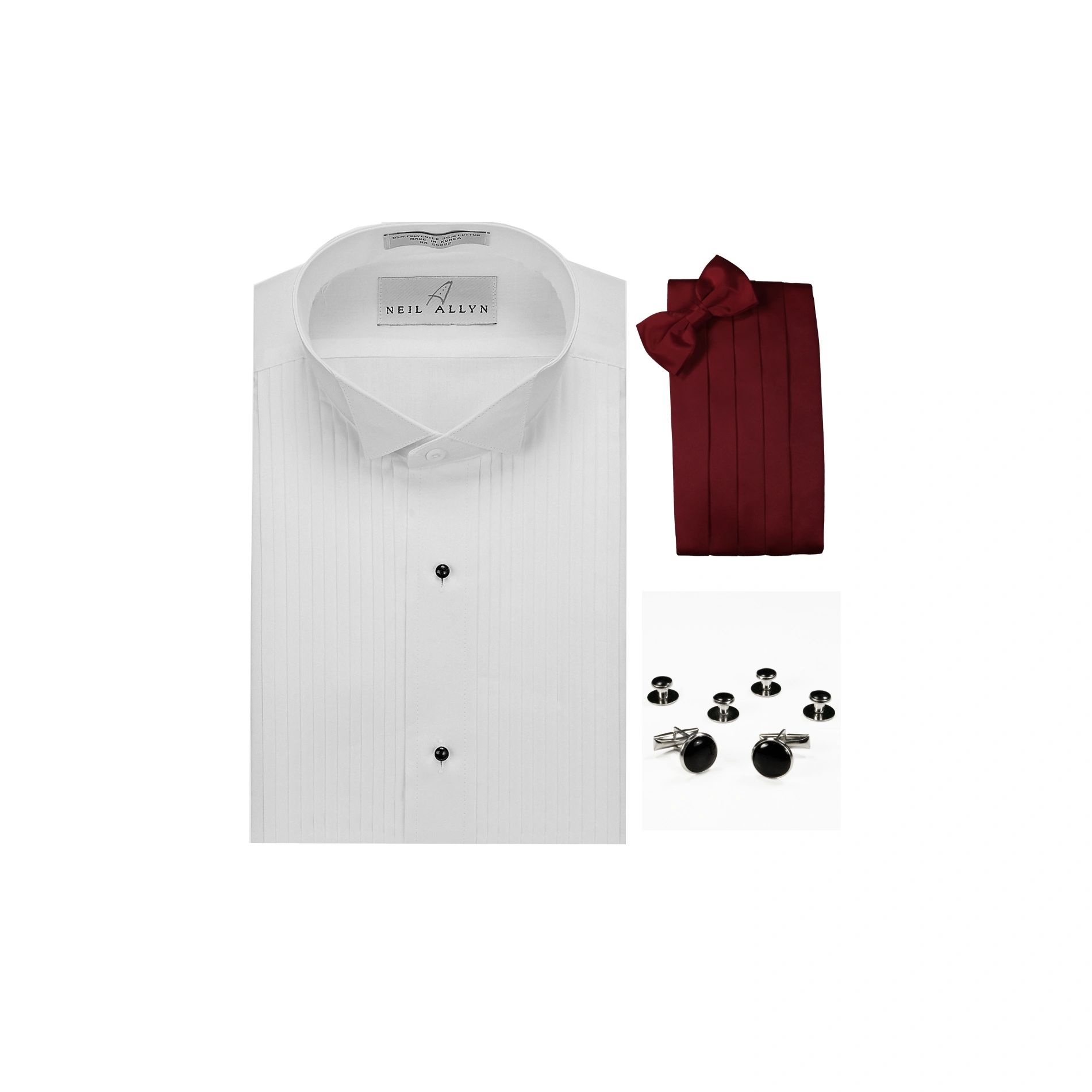 Neil Allyn Wing Collar 1/4" Pleats Formal Tuxedo Shirt, Burgundy Cummerbund, Bow-Tie, Cuff Links & Studs Set