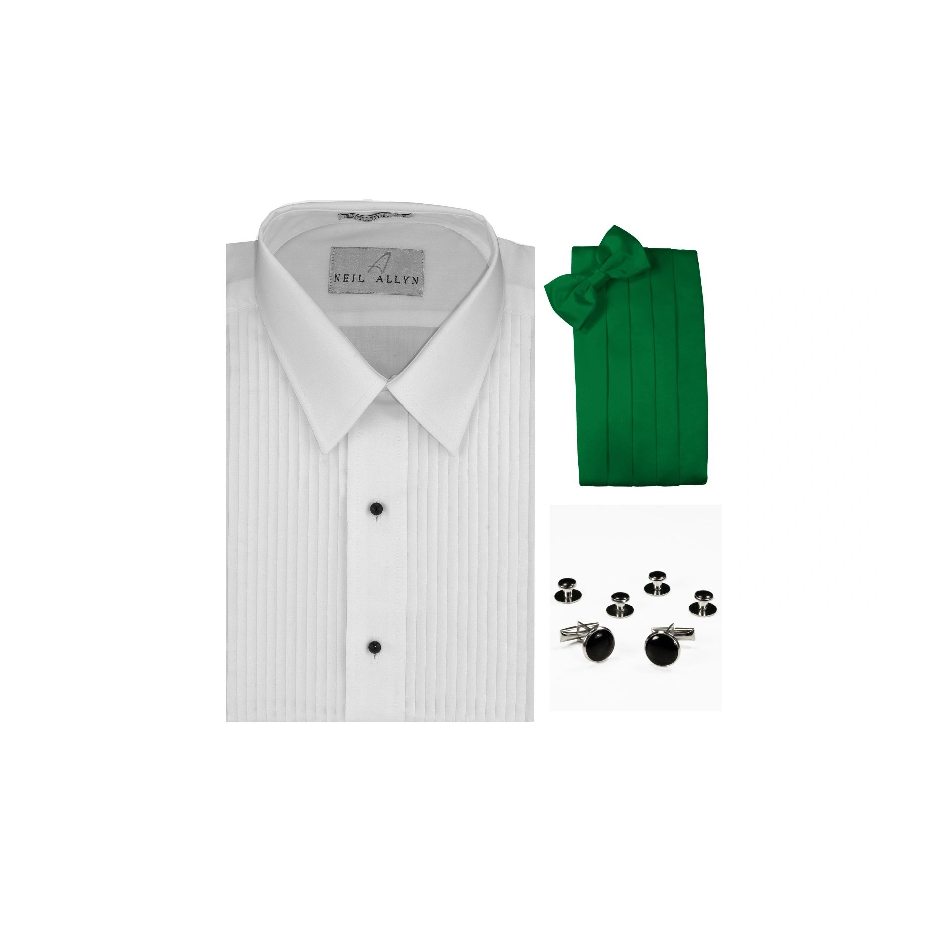 Neil Allyn Lay-Down Collar 1/4" Pleats Formal Tuxedo Shirt, Kelly Green Cummerbund, Bow-Tie, Cuff Links & Studs Set