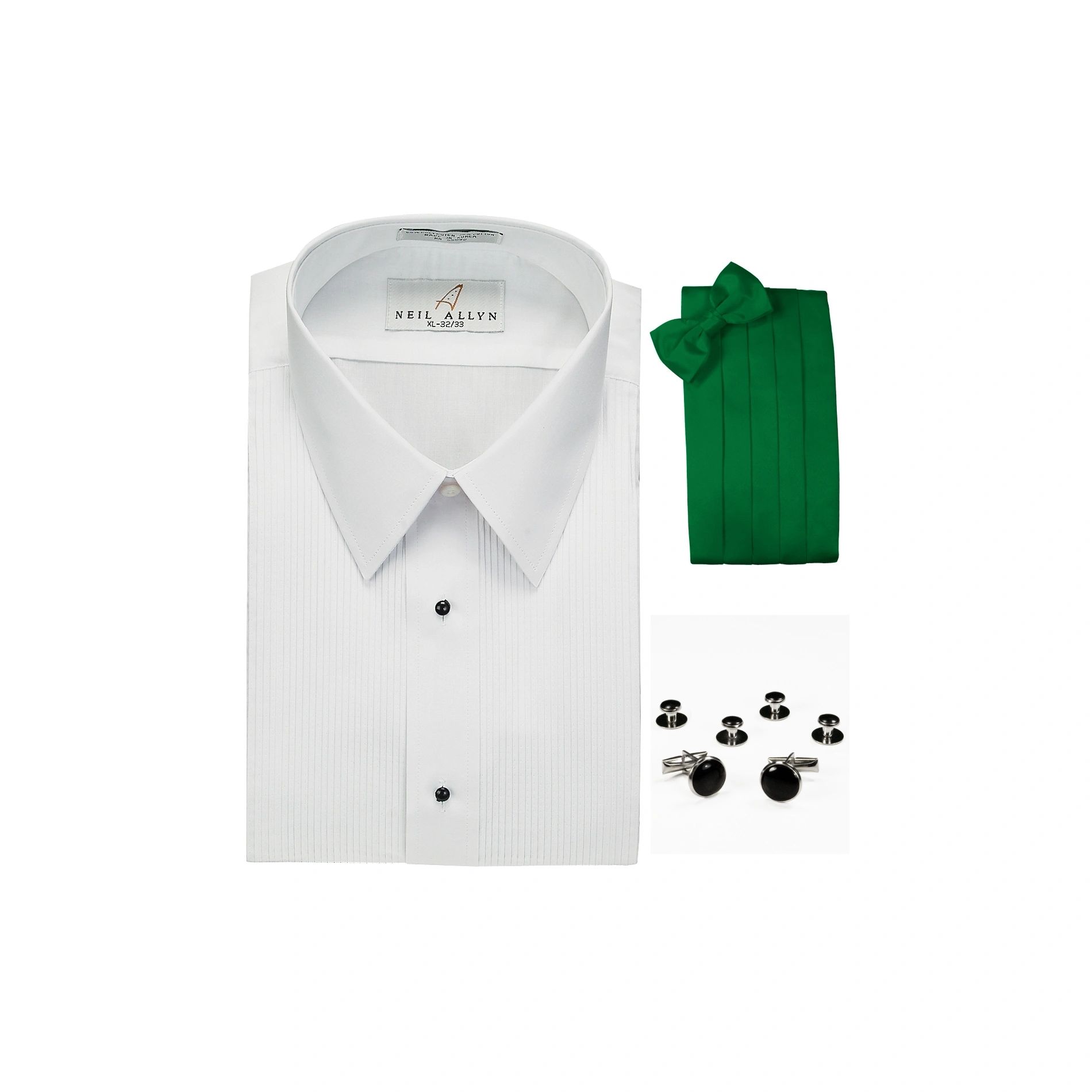 Neil Allyn Lay-Down Collar 1/8" Pleats Formal Tuxedo Shirt, Kelly Green Cummerbund, Bow-Tie, Cuff Links & Studs Set