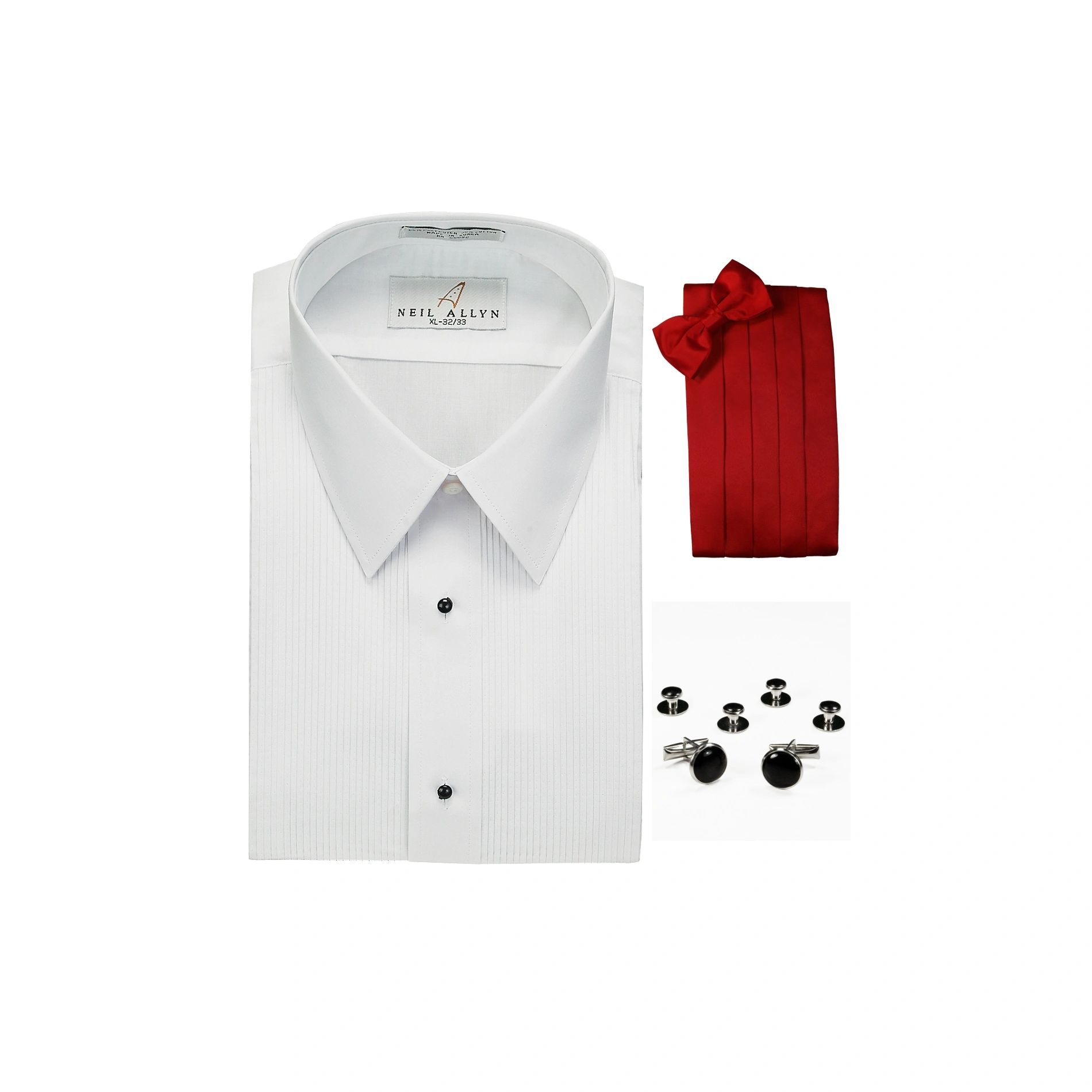 Neil Allyn Lay-Down Collar 1/8" Pleats Formal Tuxedo Shirt, Red Cummerbund, Bow-Tie, Cuff Links & Studs Set