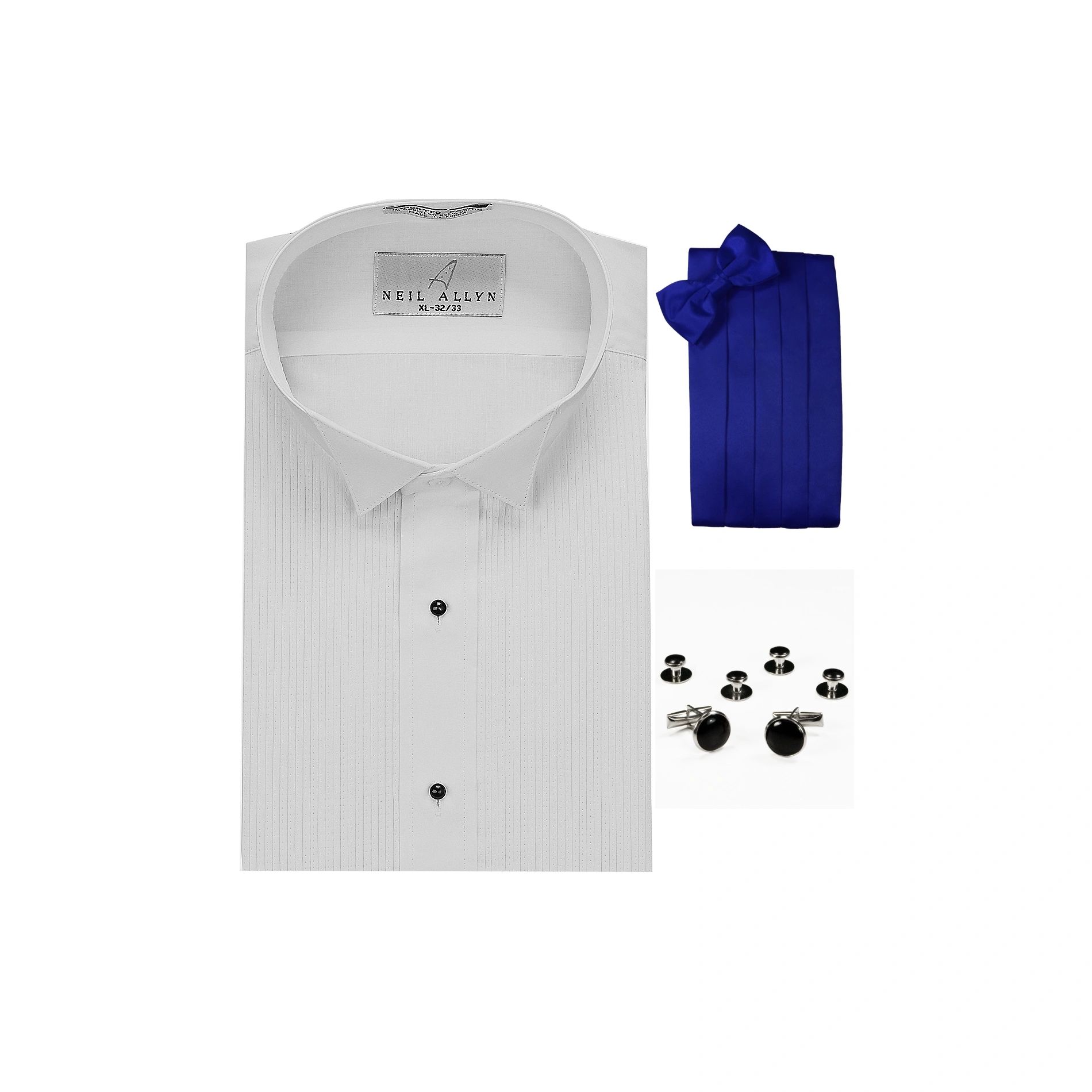 Neil Allyn Wing Collar 1/8" Pleats Formal Tuxedo Shirt, Royal Blue Cummerbund, Bow-Tie, Cuff Links & Studs Set